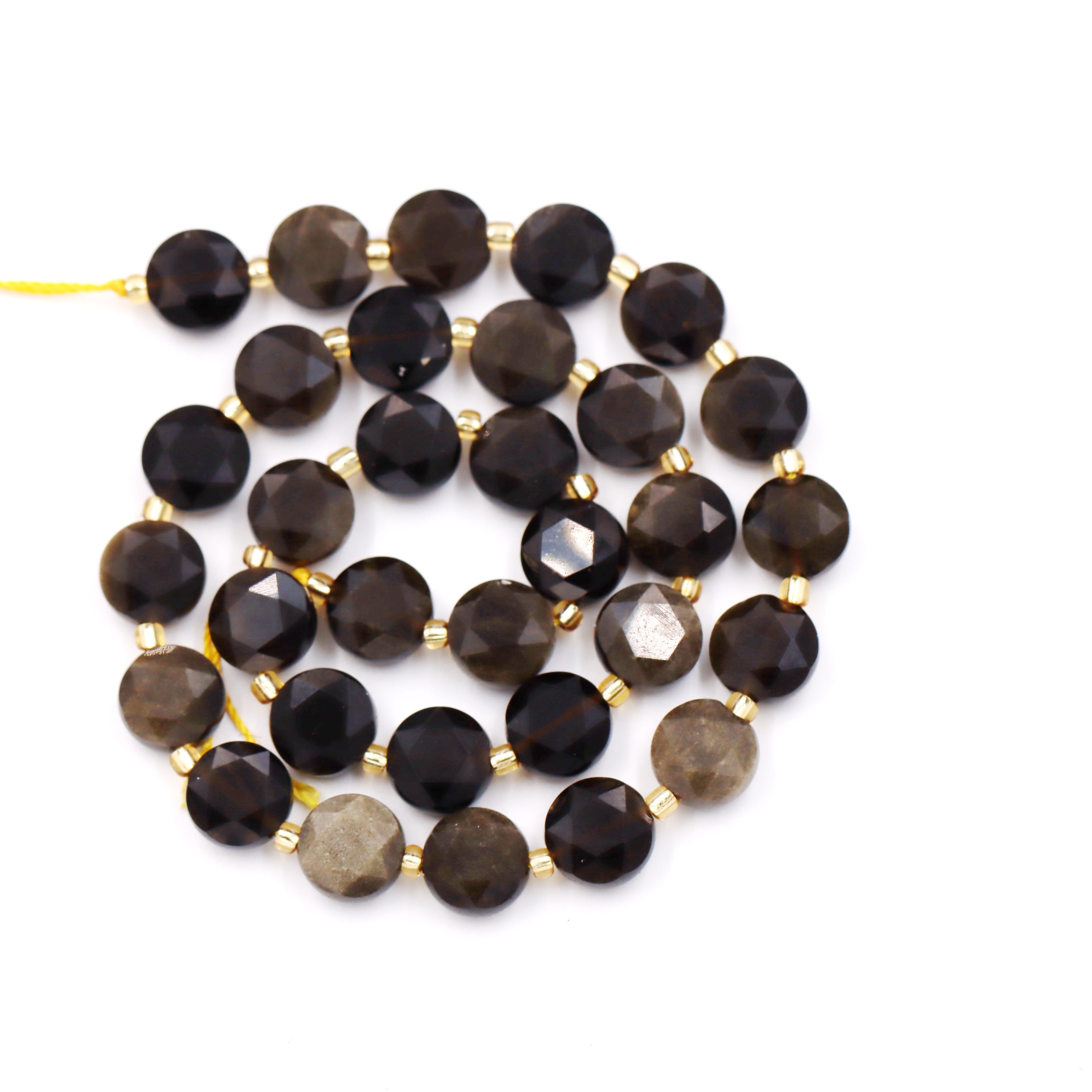 Malahill faceted flat round stone beads for jewelry making, sold per bag 5 strands inside, Golden Obsidian beads