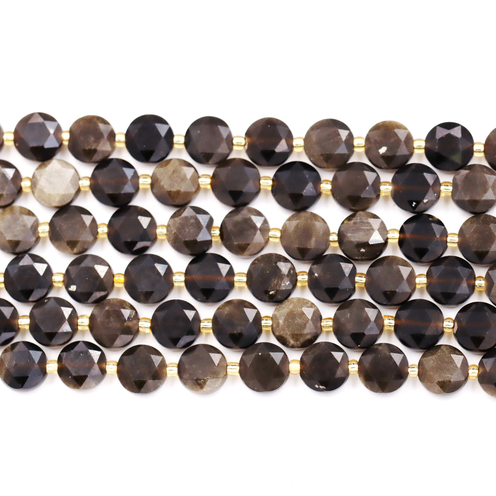 Malahill faceted flat round stone beads for jewelry making, sold per bag 5 strands inside, Golden Obsidian beads