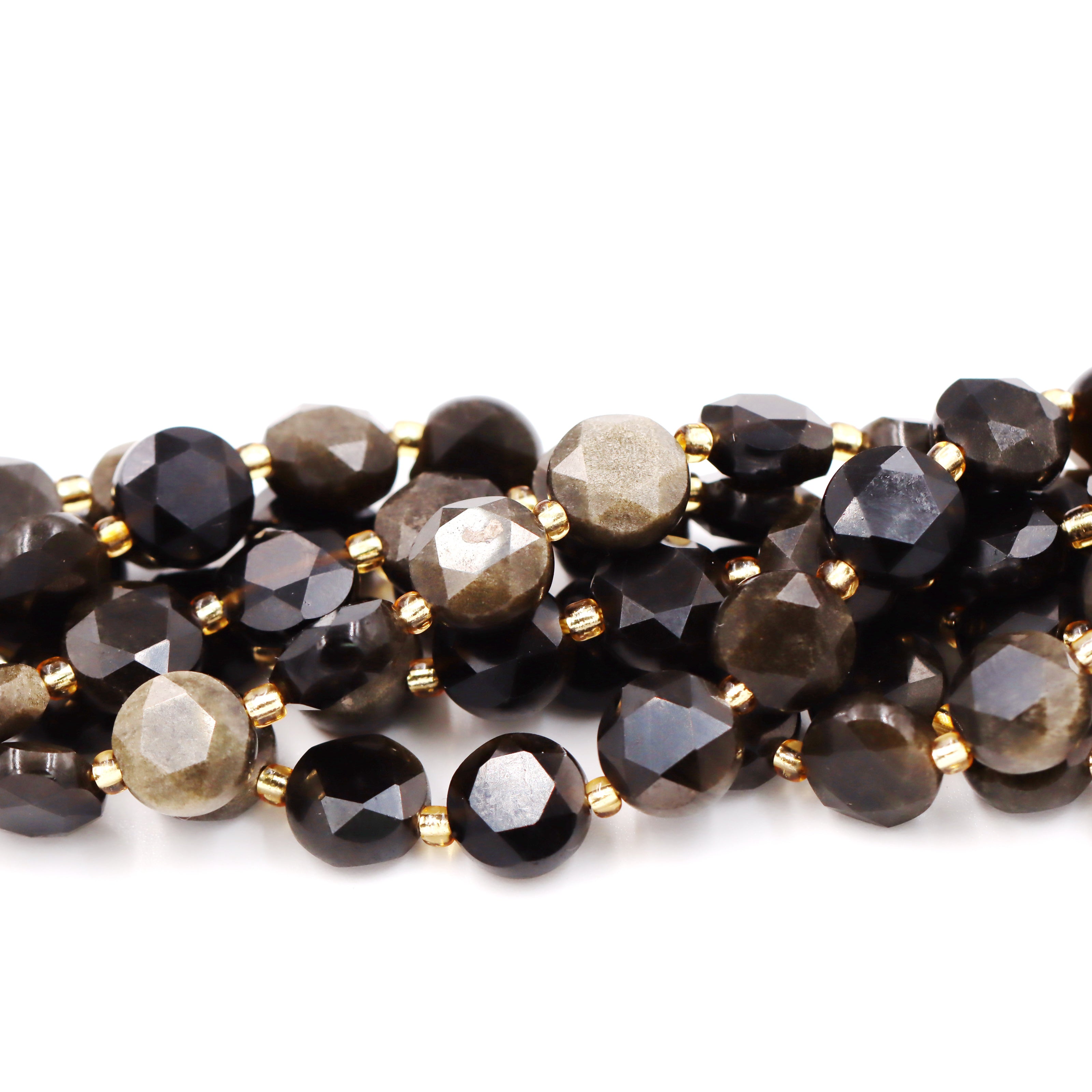 Malahill faceted flat round stone beads for jewelry making, sold per bag 5 strands inside, Golden Obsidian beads
