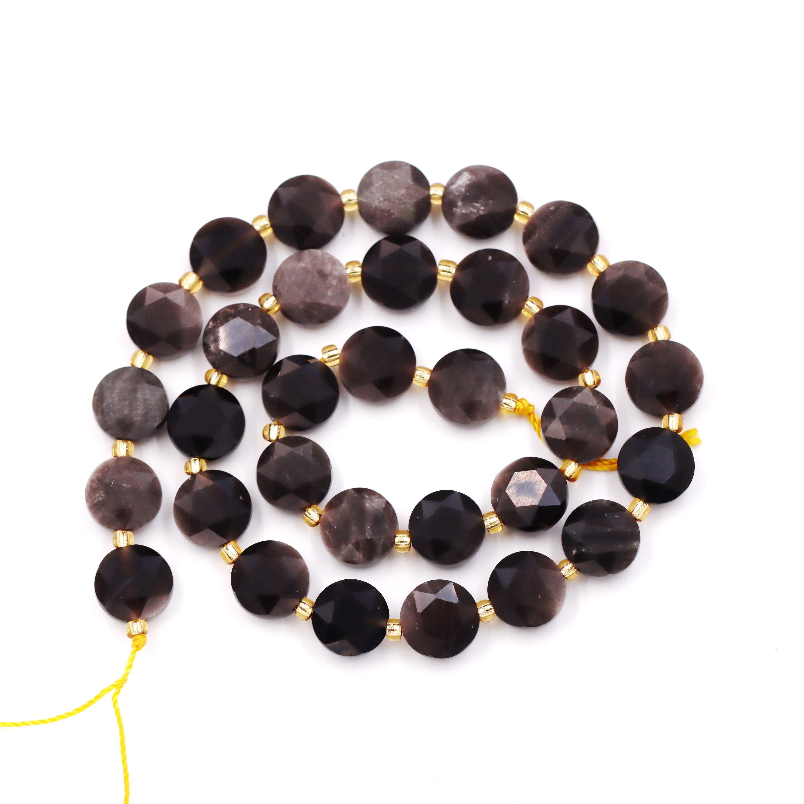 Malahill faceted flat round stone beads for jewelry making, sold per bag 5 strands inside, Silver Obsidian beads