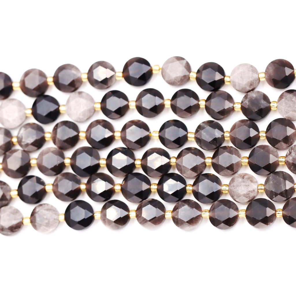 Malahill faceted flat round stone beads for jewelry making, sold per bag 5 strands inside, Silver Obsidian beads