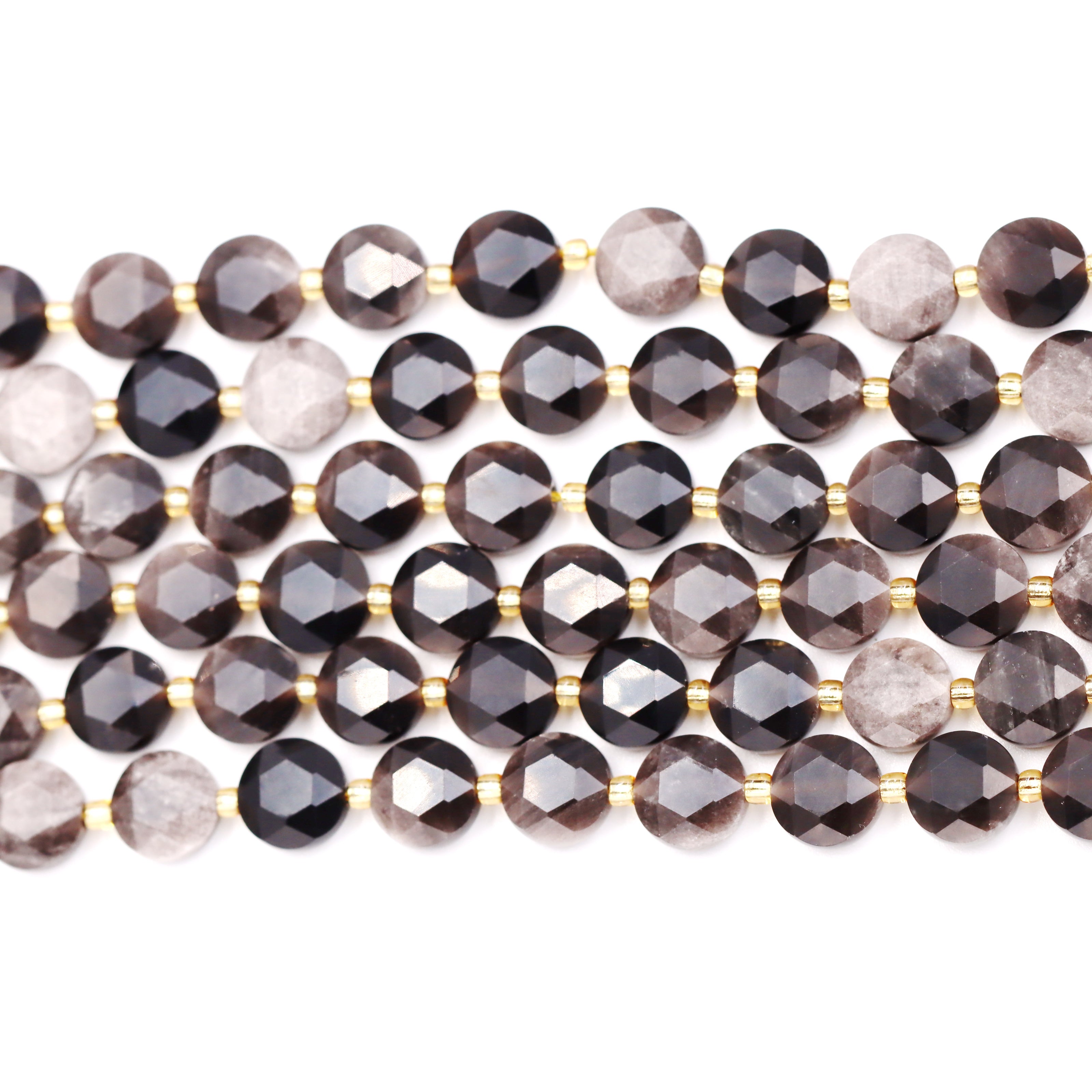 Malahill faceted flat round stone beads for jewelry making, sold per bag 5 strands inside, Silver Obsidian beads