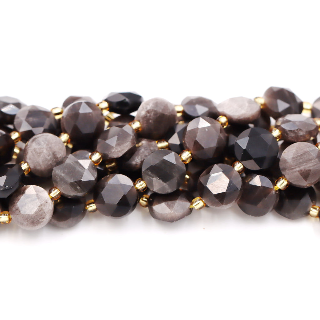 Malahill faceted flat round stone beads for jewelry making, sold per bag 5 strands inside, Silver Obsidian beads