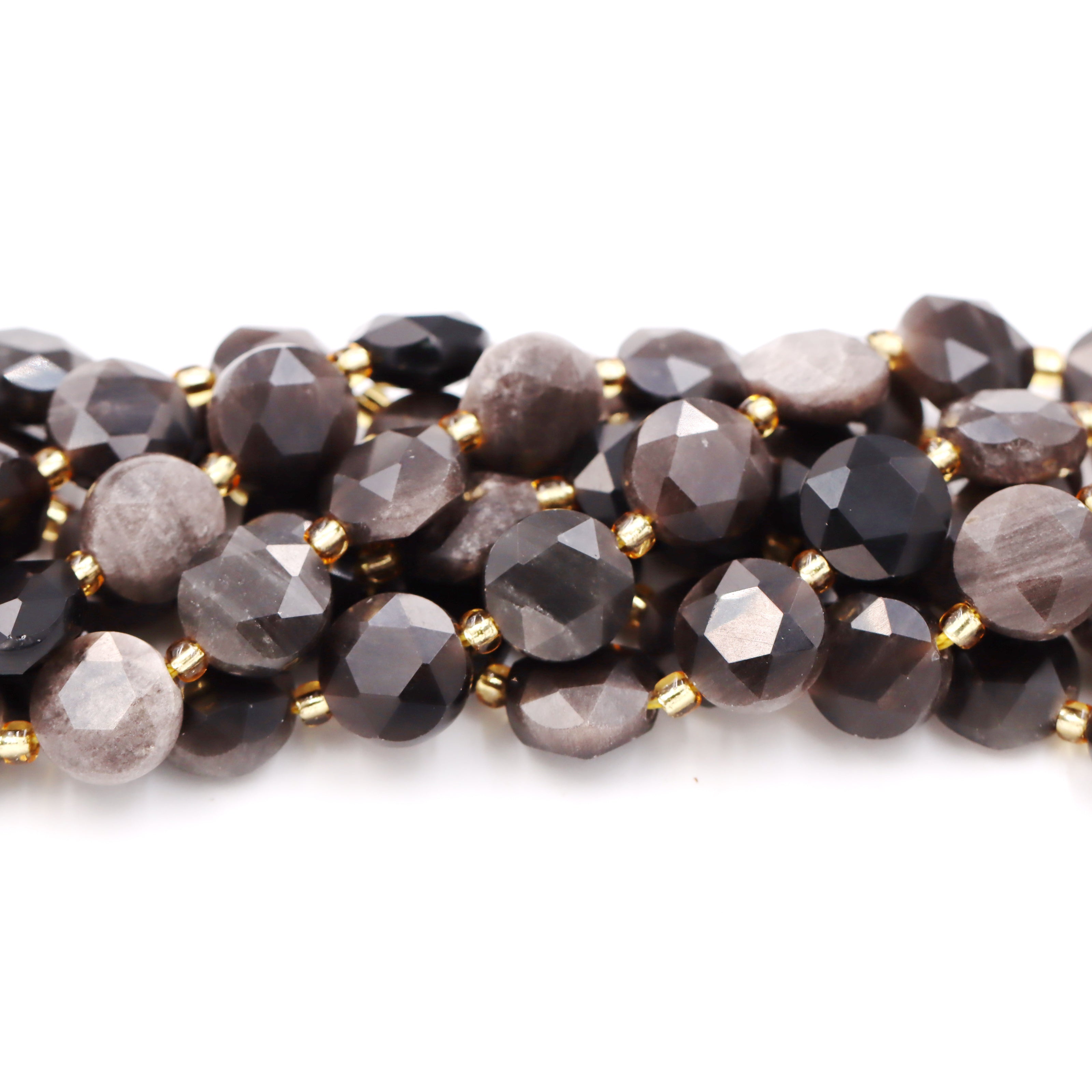 Malahill faceted flat round stone beads for jewelry making, sold per bag 5 strands inside, Silver Obsidian beads