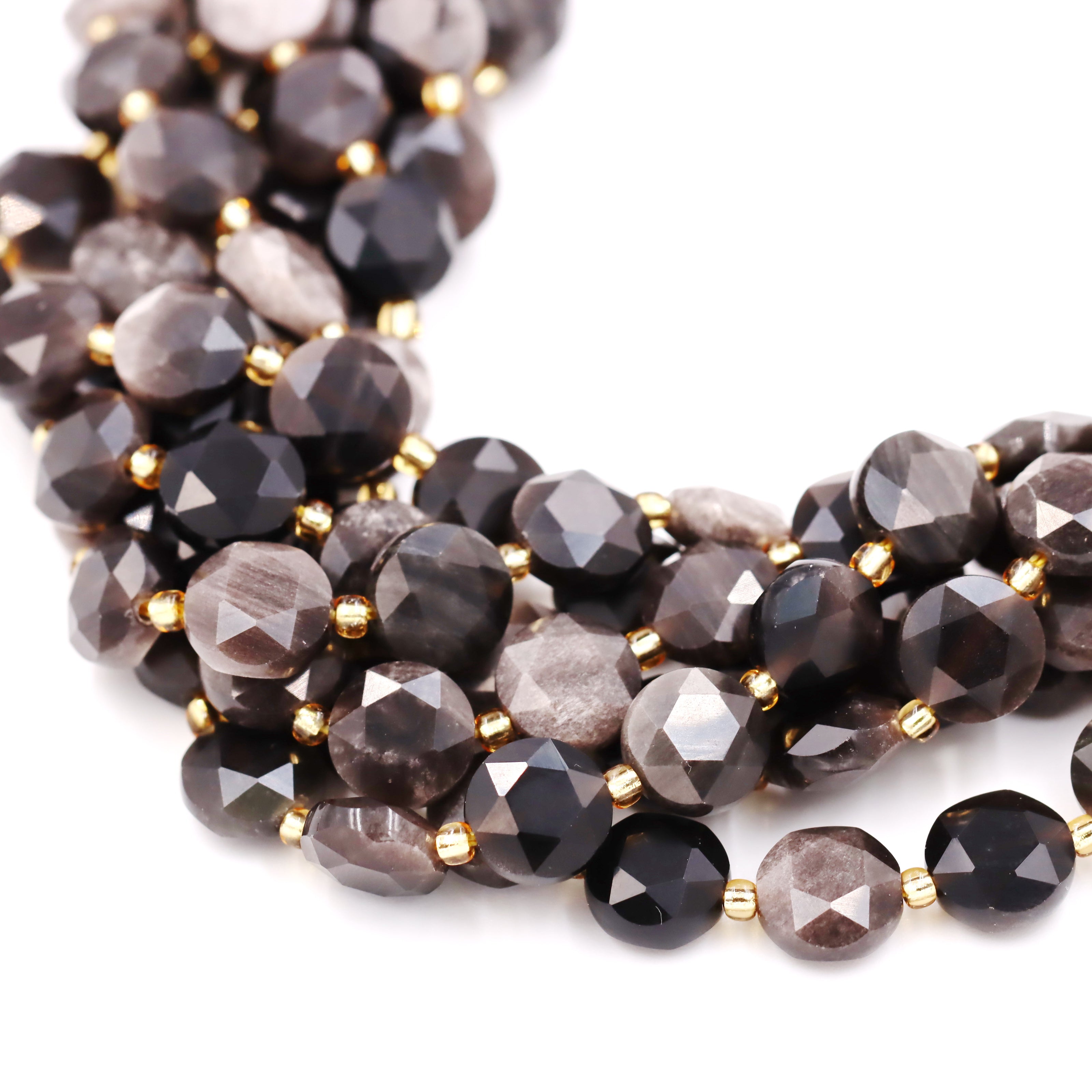 Malahill faceted flat round stone beads for jewelry making, sold per bag 5 strands inside, Silver Obsidian beads