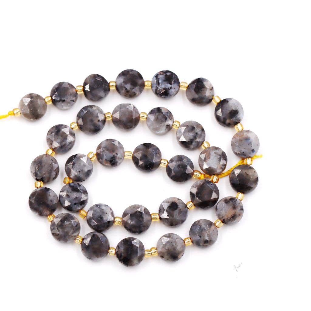 Malahill faceted flat round stone beads for jewelry making, sold per bag 5 strands inside, Larvikite beads