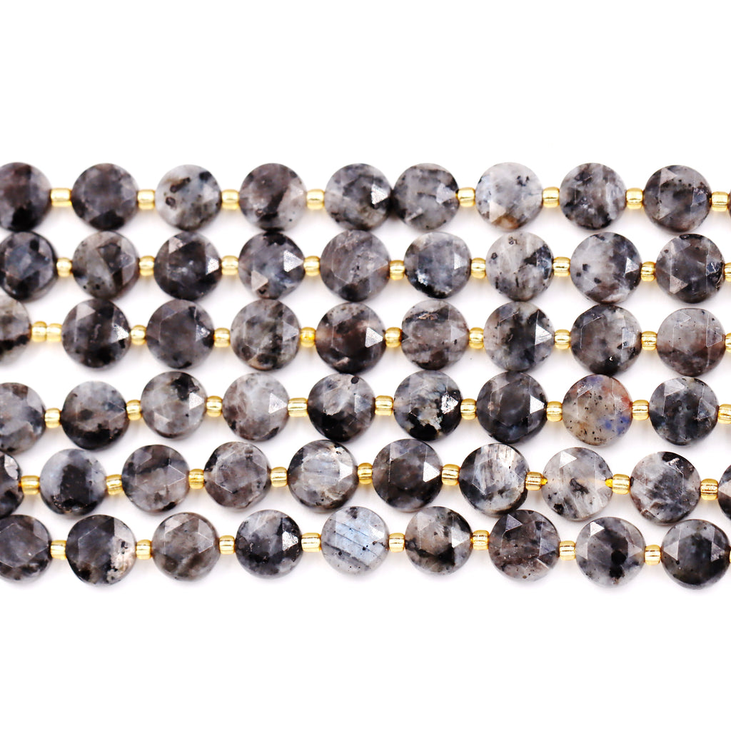 Malahill faceted flat round stone beads for jewelry making, sold per bag 5 strands inside, Larvikite beads