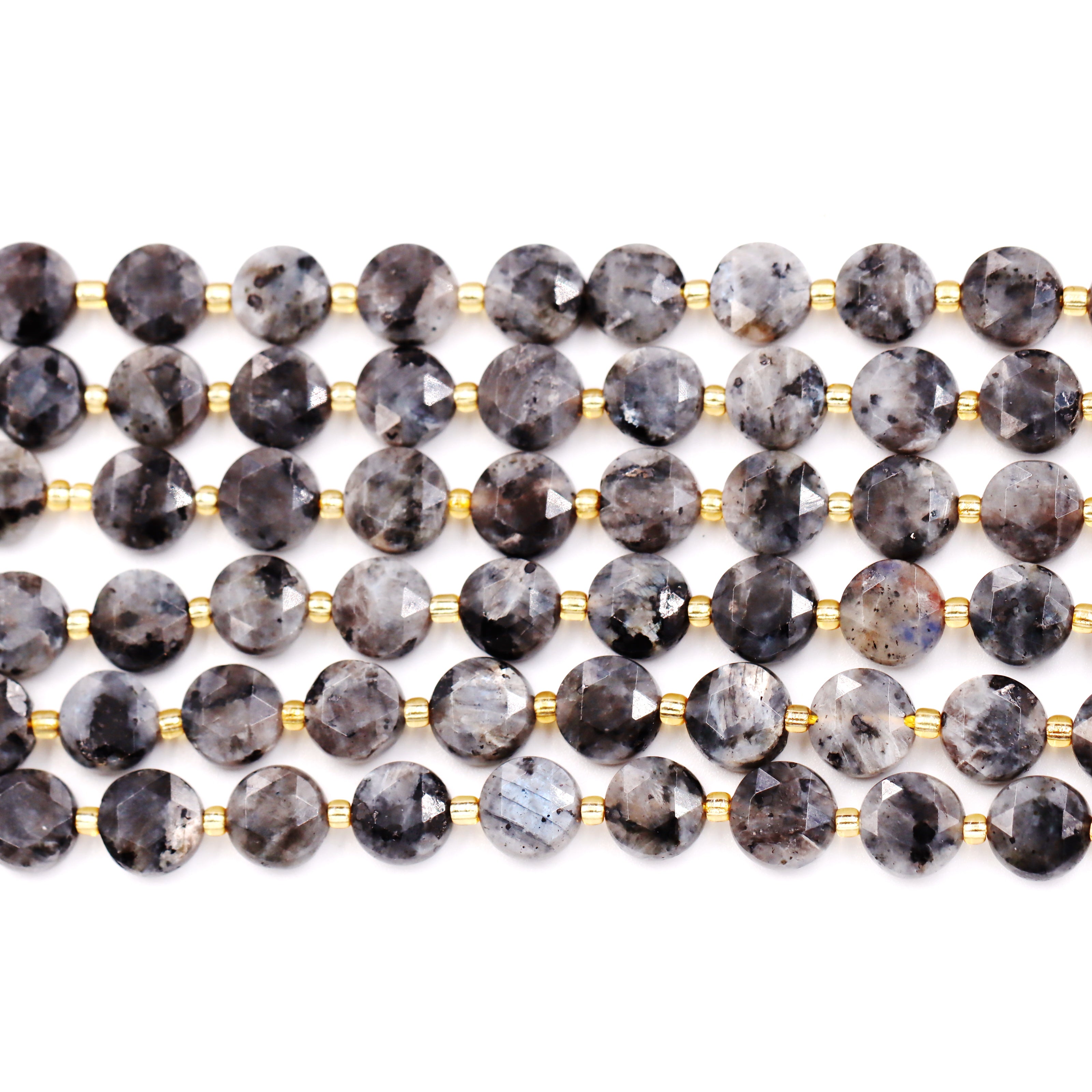 Malahill faceted flat round stone beads for jewelry making, sold per bag 5 strands inside, Larvikite beads