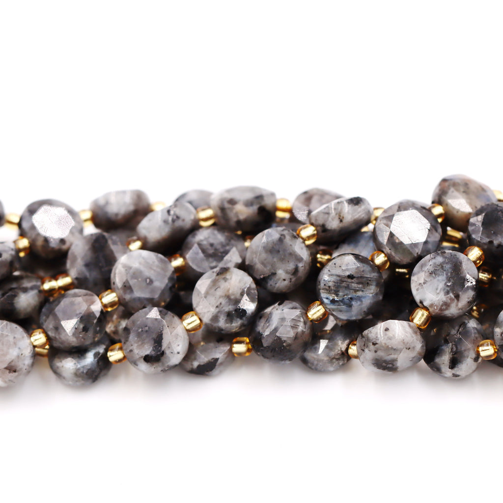Malahill faceted flat round stone beads for jewelry making, sold per bag 5 strands inside, Larvikite beads