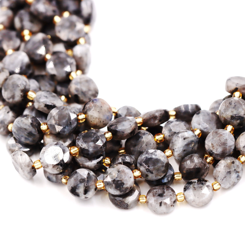 Malahill faceted flat round stone beads for jewelry making, sold per bag 5 strands inside, Larvikite beads