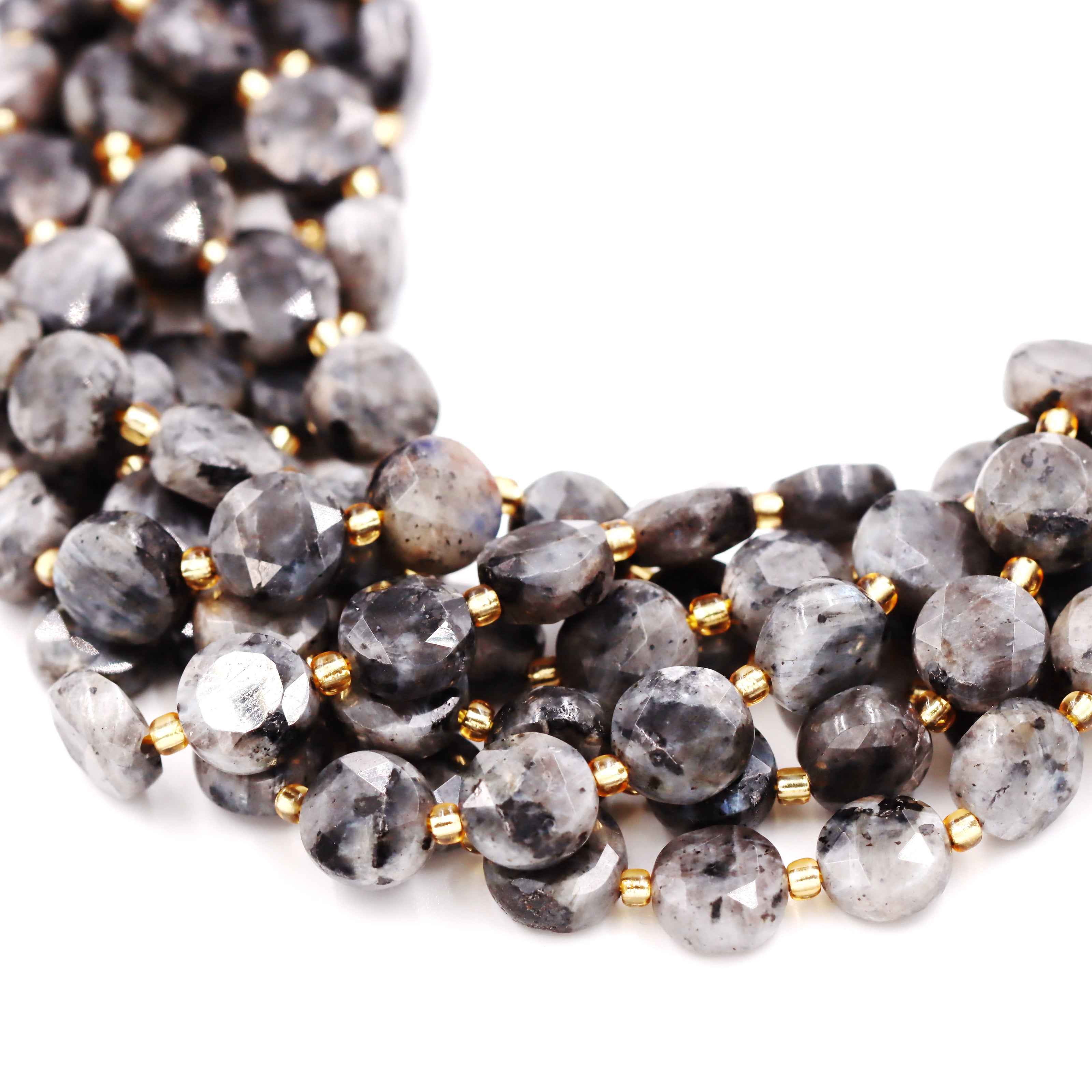 Malahill faceted flat round stone beads for jewelry making, sold per bag 5 strands inside, Larvikite beads