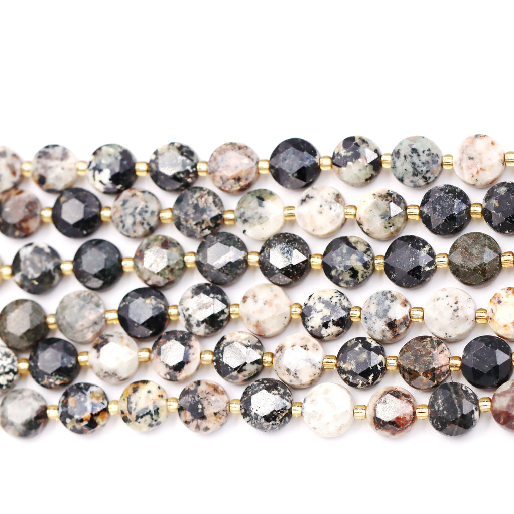 Malahill faceted flat round stone beads for jewelry making, sold per bag 5 strands inside, Black Turquoise beads