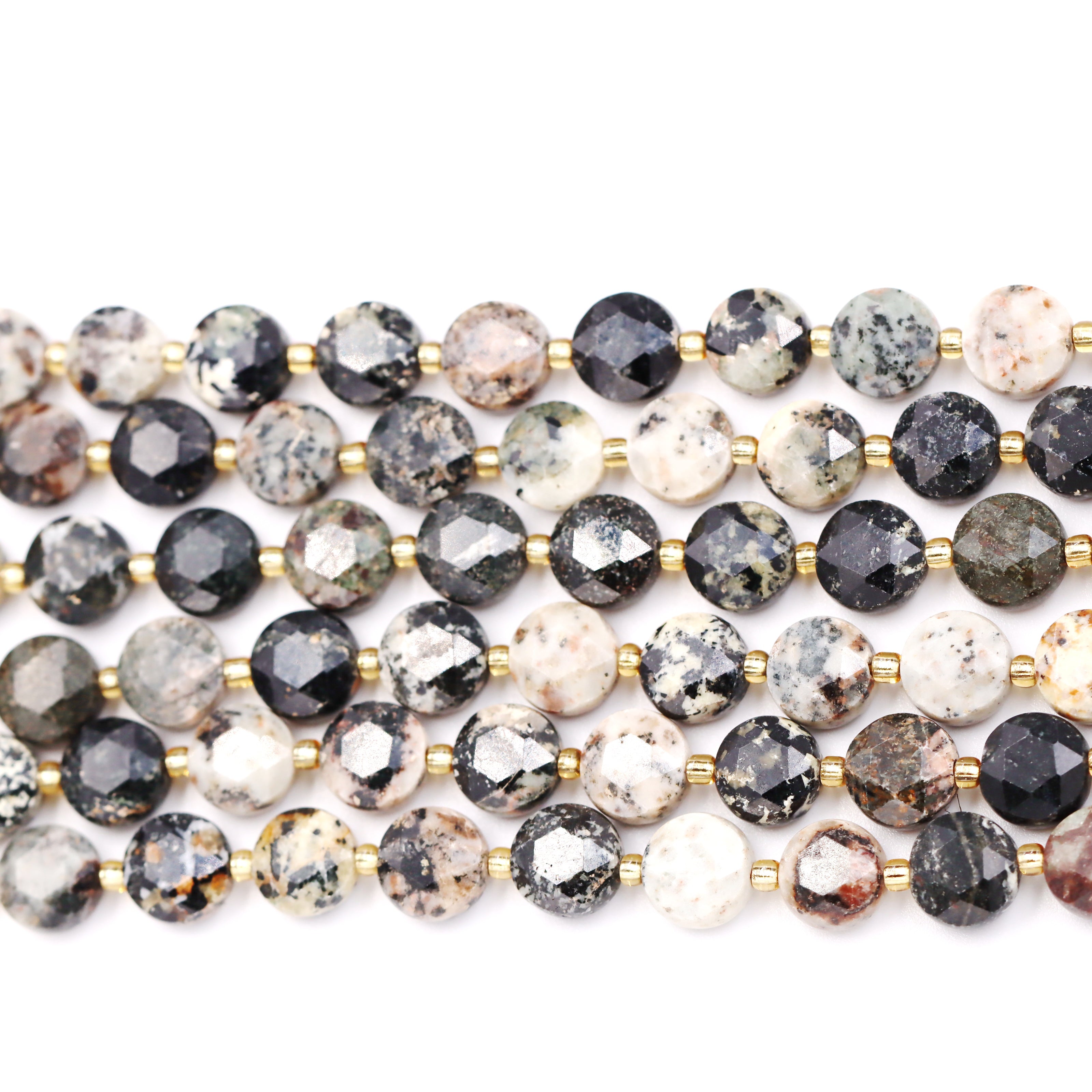 Malahill faceted flat round stone beads for jewelry making, sold per bag 5 strands inside, Black Turquoise beads