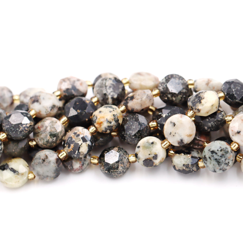 Malahill faceted flat round stone beads for jewelry making, sold per bag 5 strands inside, Black Turquoise beads