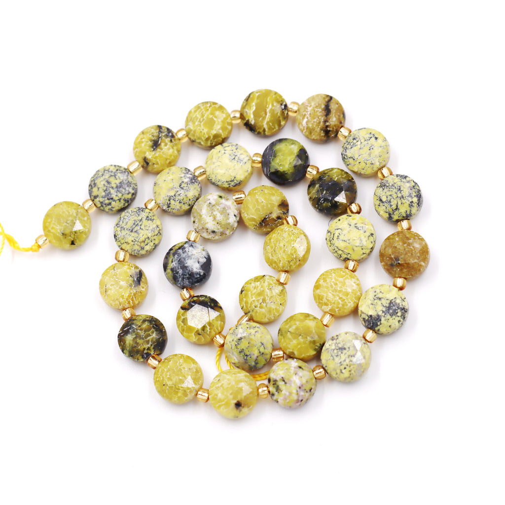 Malahill faceted flat round stone beads for jewelry making, sold per bag 5 strands inside, Yellow Turquoise beads