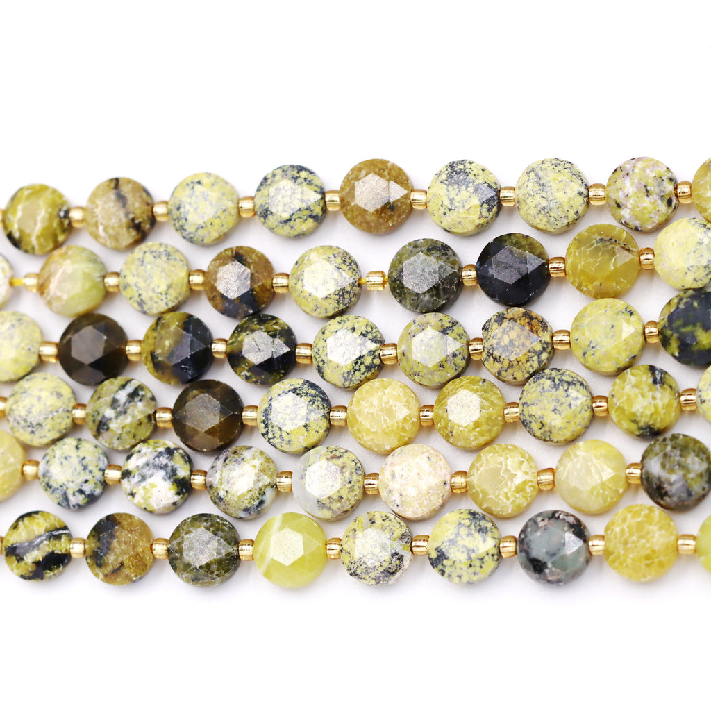 Malahill faceted flat round stone beads for jewelry making, sold per bag 5 strands inside, Yellow Turquoise beads