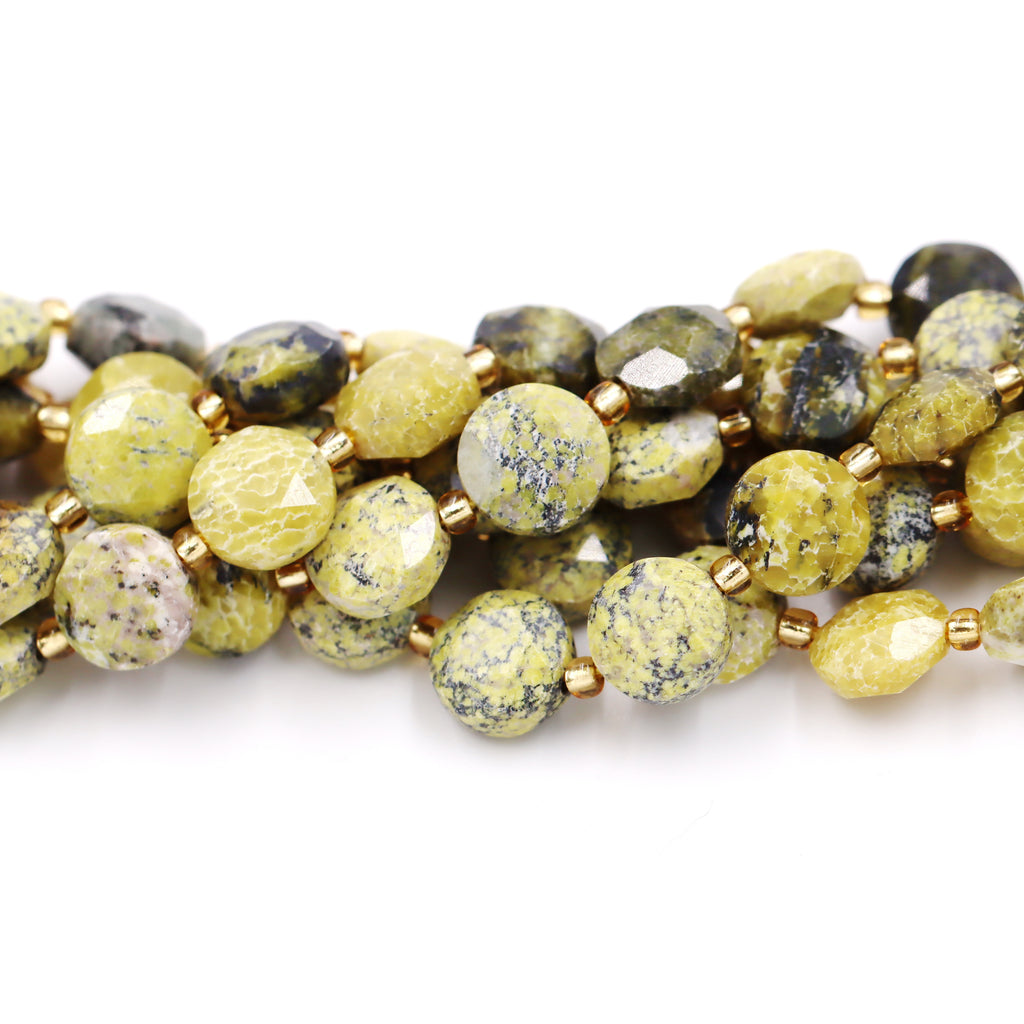 Malahill faceted flat round stone beads for jewelry making, sold per bag 5 strands inside, Yellow Turquoise beads