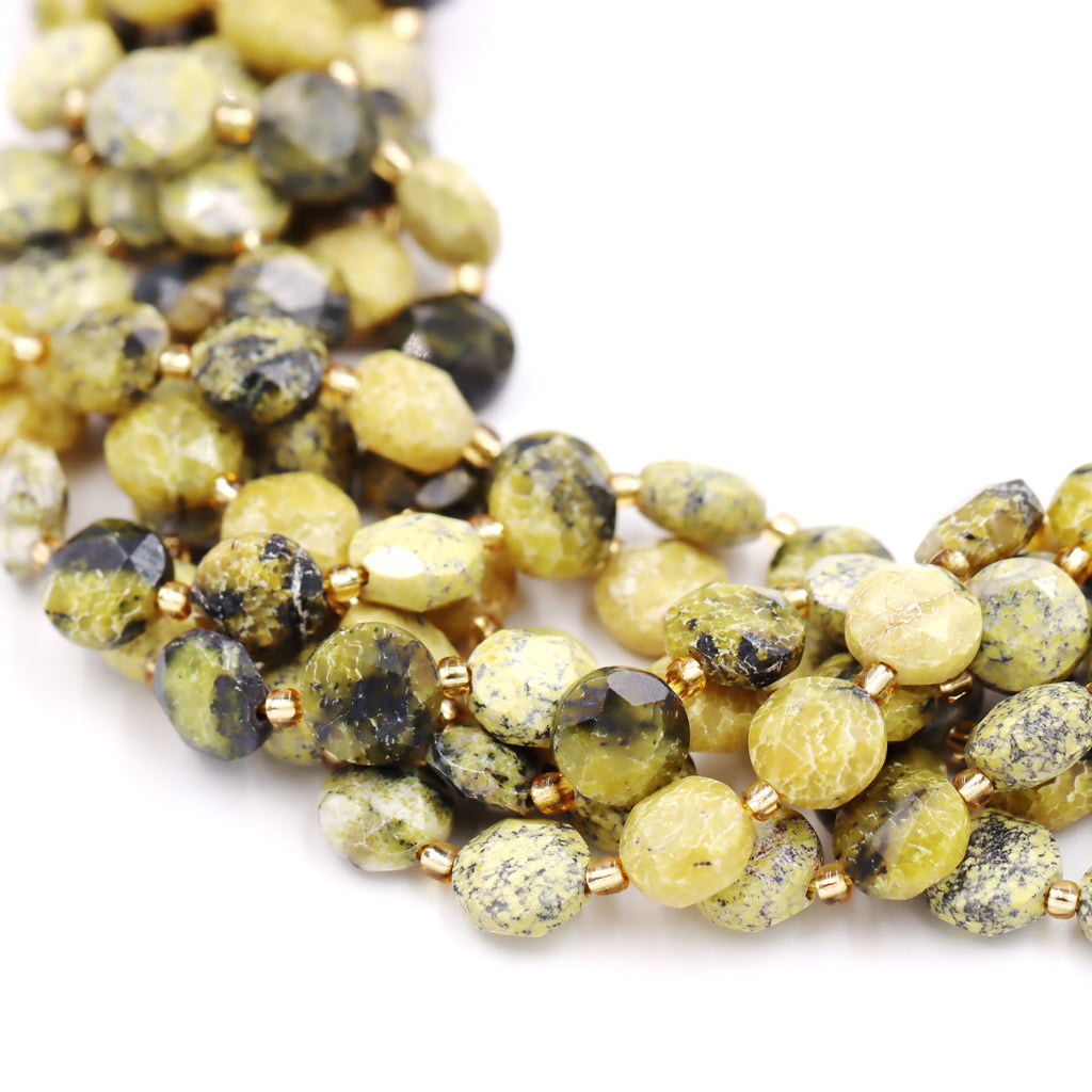 Malahill faceted flat round stone beads for jewelry making, sold per bag 5 strands inside, Yellow Turquoise beads