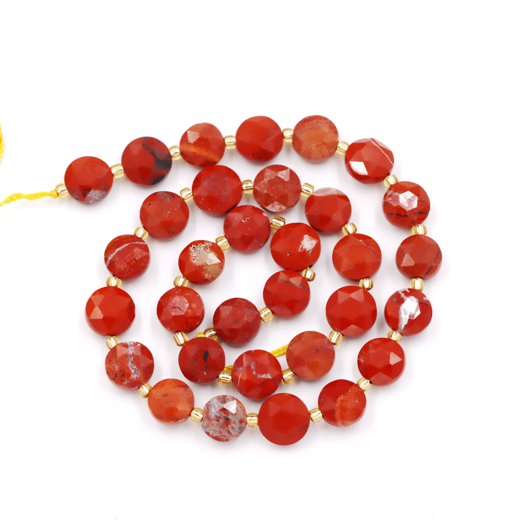 Malahill faceted flat round stone beads for jewelry making, sold per bag 5 strands inside, Red Jasper  beads
