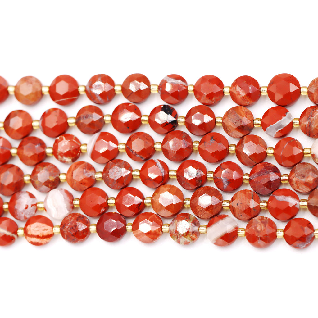 Malahill faceted flat round stone beads for jewelry making, sold per bag 5 strands inside, Red Jasper  beads