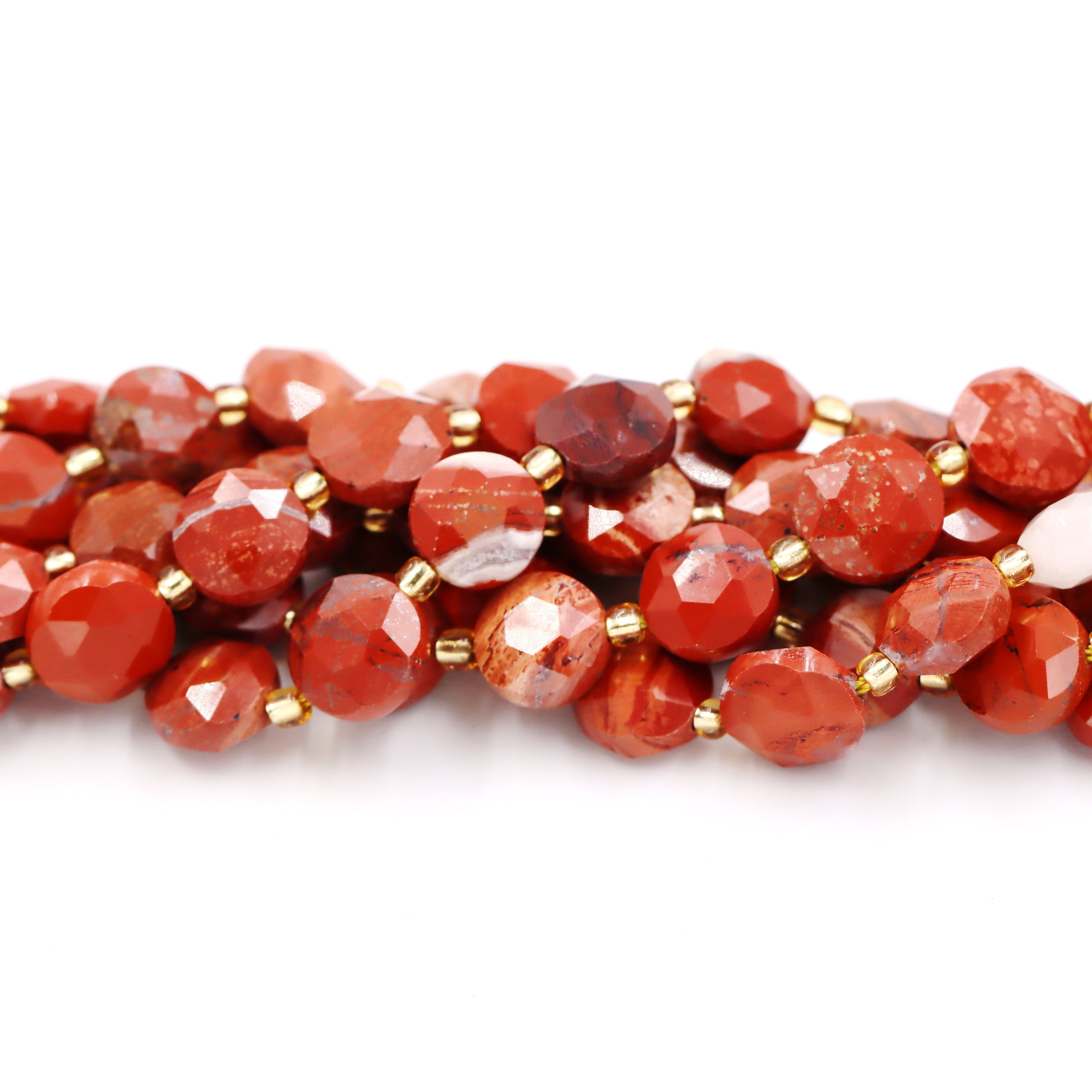Malahill faceted flat round stone beads for jewelry making, sold per bag 5 strands inside, Red Jasper  beads