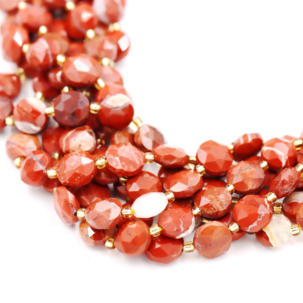 Malahill faceted flat round stone beads for jewelry making, sold per bag 5 strands inside, Red Jasper  beads