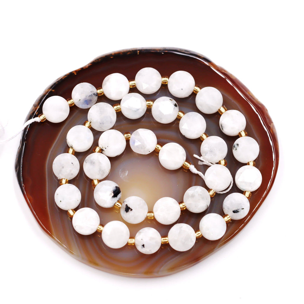 Malahill faceted flat round stone beads for jewelry making, sold per bag 5 strands inside, Moonstone AB  beads