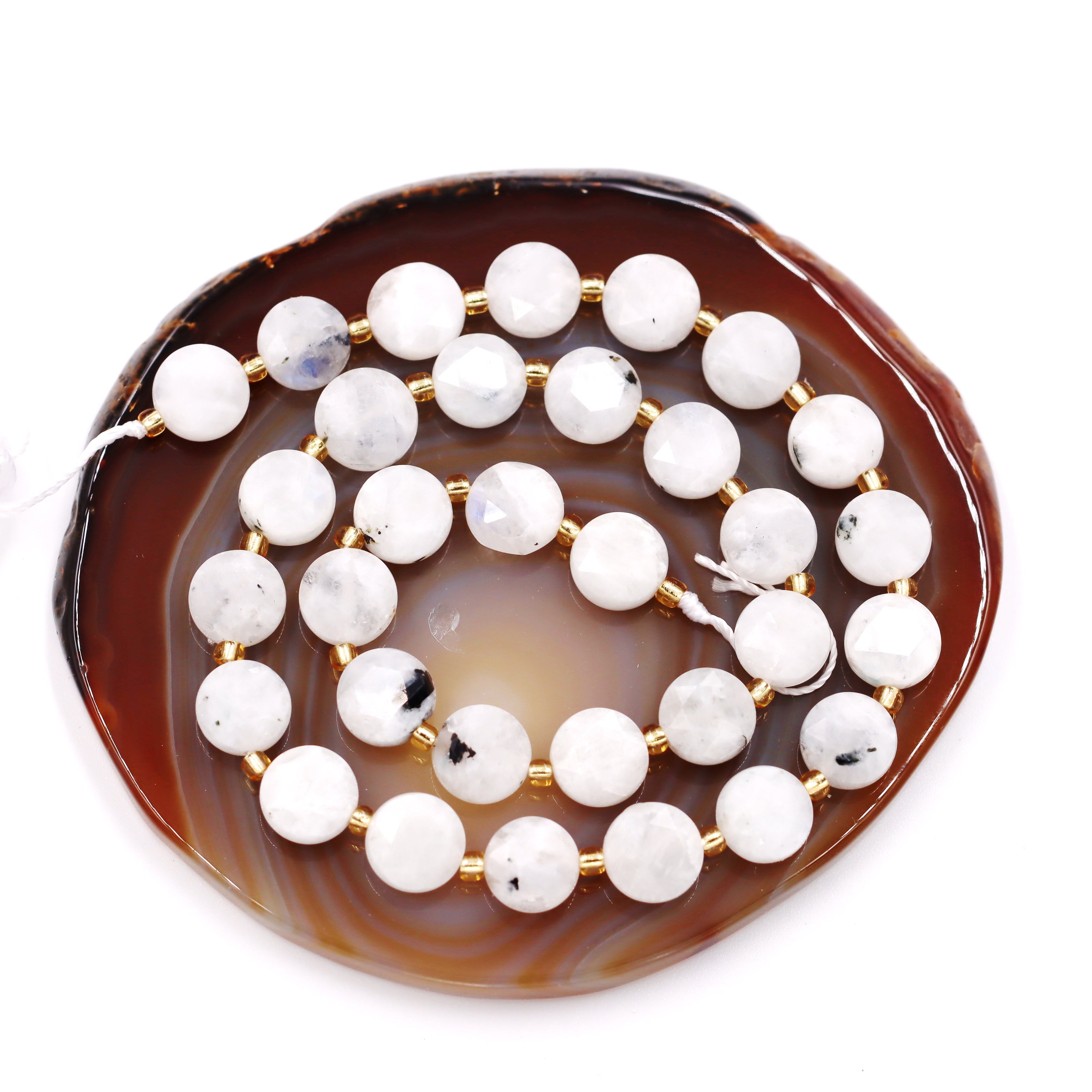 Malahill faceted flat round stone beads for jewelry making, sold per bag 5 strands inside, Moonstone AB  beads