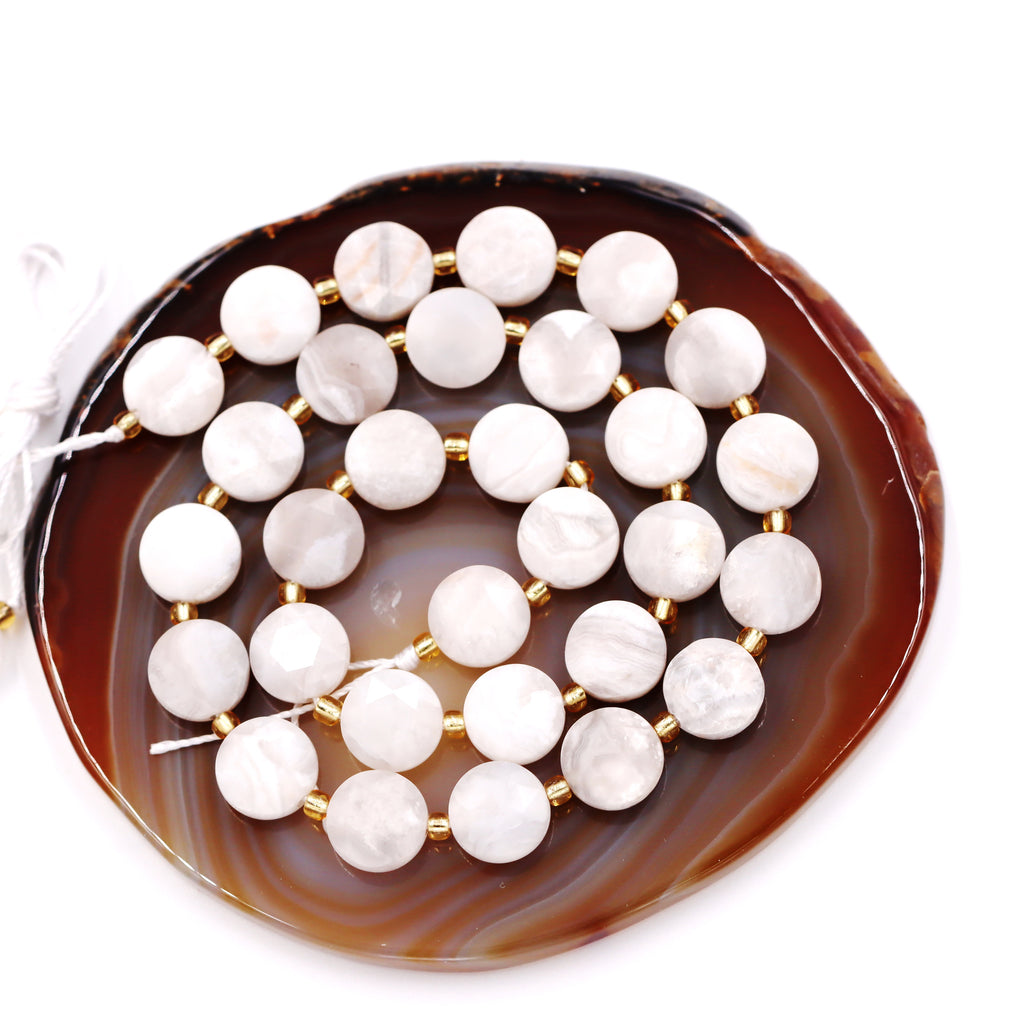 Malahill faceted flat round stone beads for jewelry making, sold per bag 5 strands inside, White Crazy Agate beads