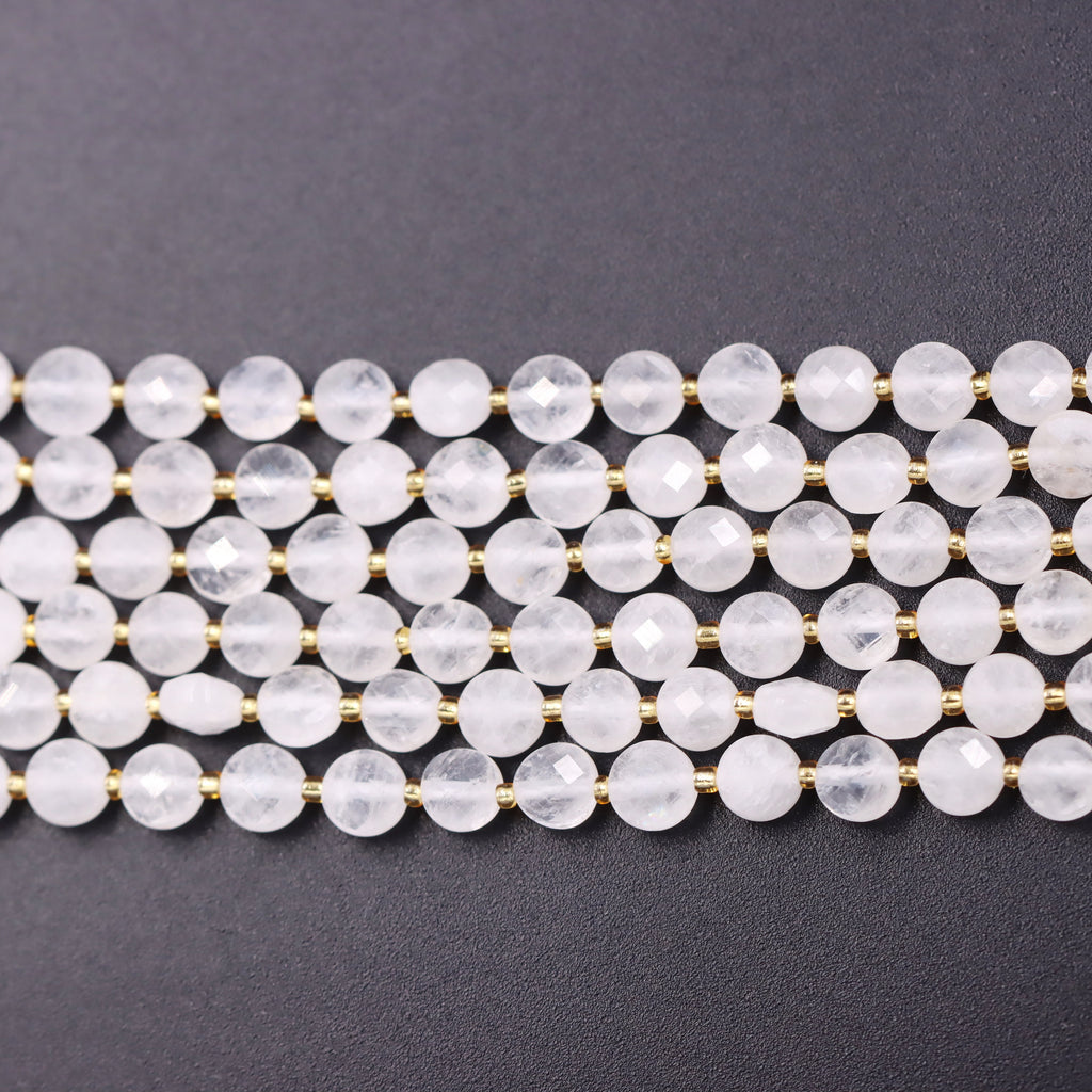 Malahill faceted flat round stone beads for jewelry making, sold per bag 5 strands inside, White Jade beads