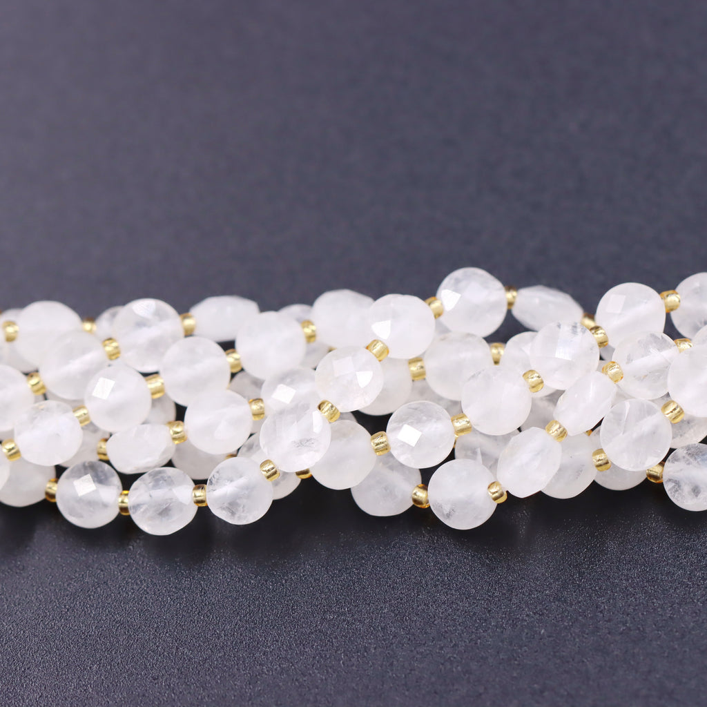 Malahill faceted flat round stone beads for jewelry making, sold per bag 5 strands inside, White Jade beads