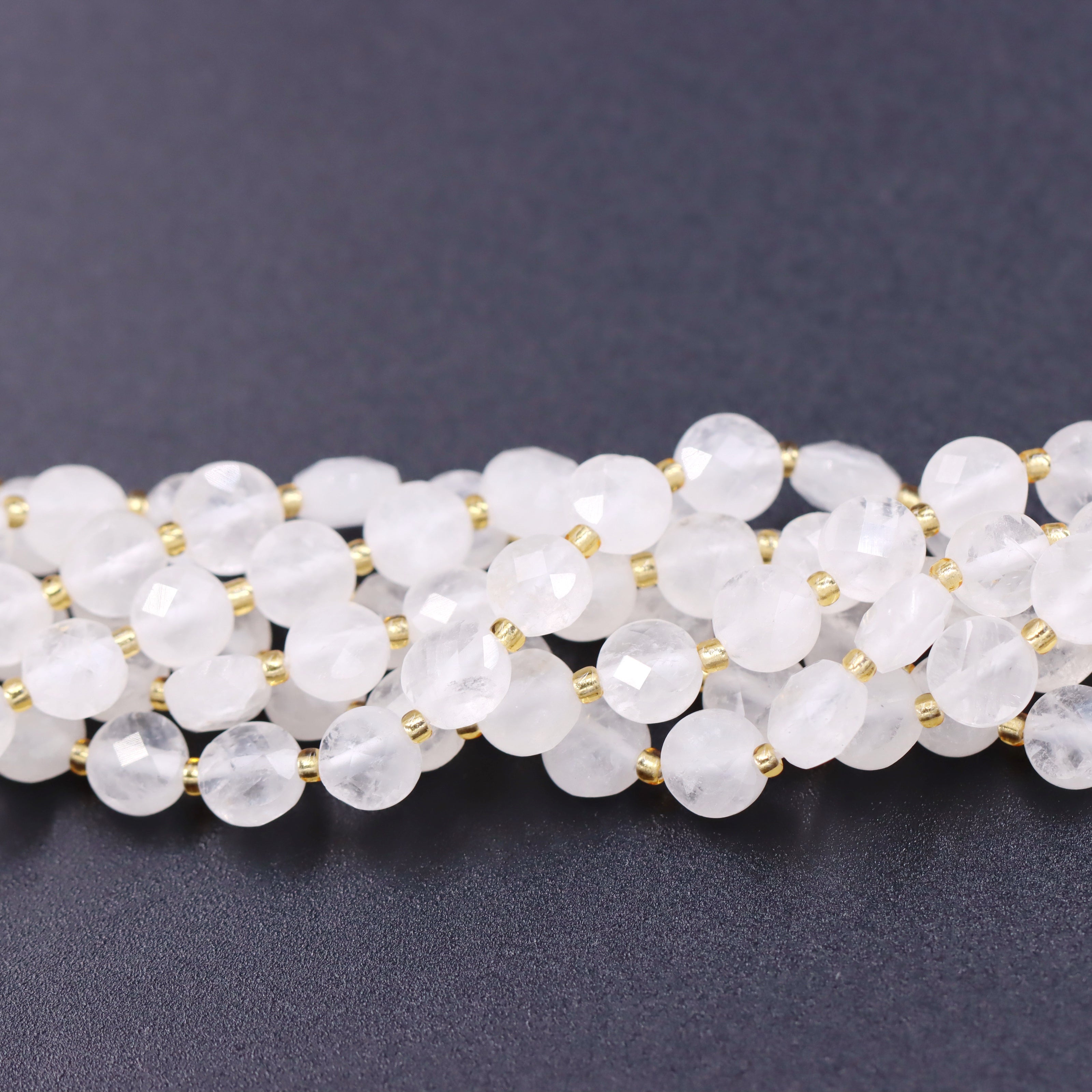 Malahill faceted flat round stone beads for jewelry making, sold per bag 5 strands inside, White Jade beads