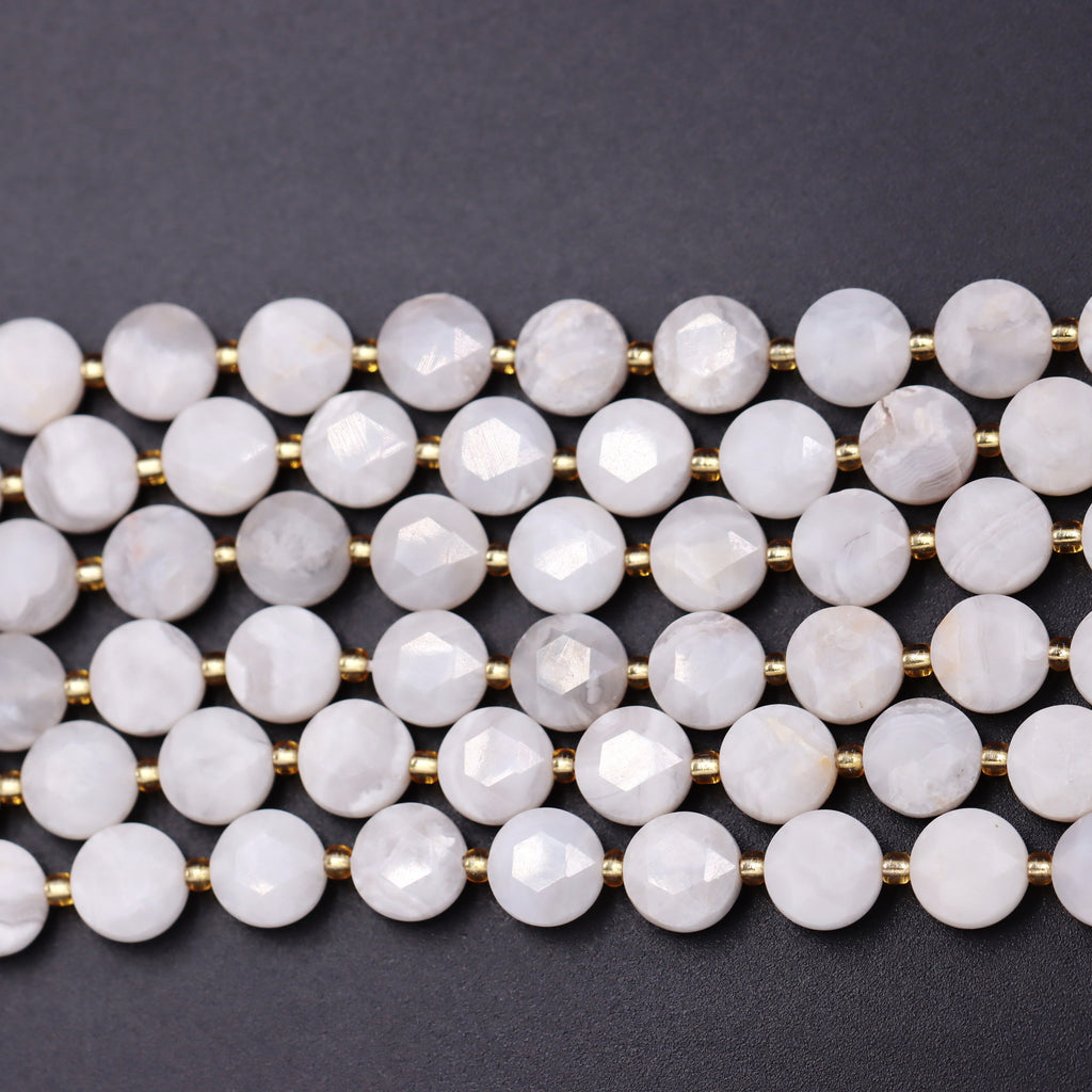 Malahill faceted flat round stone beads for jewelry making, sold per bag 5 strands inside, White Crazy Agate beads