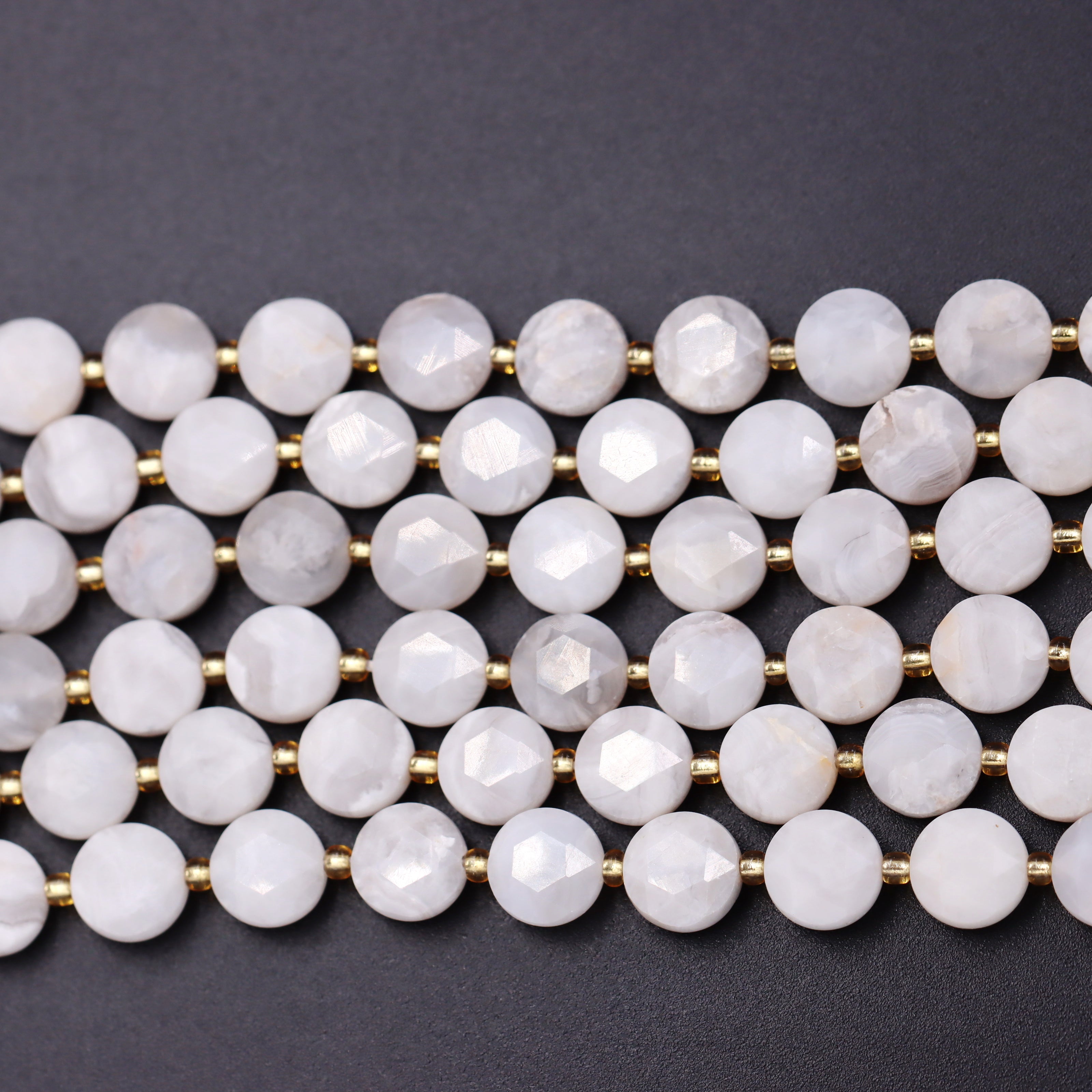 Malahill faceted flat round stone beads for jewelry making, sold per bag 5 strands inside, White Crazy Agate beads
