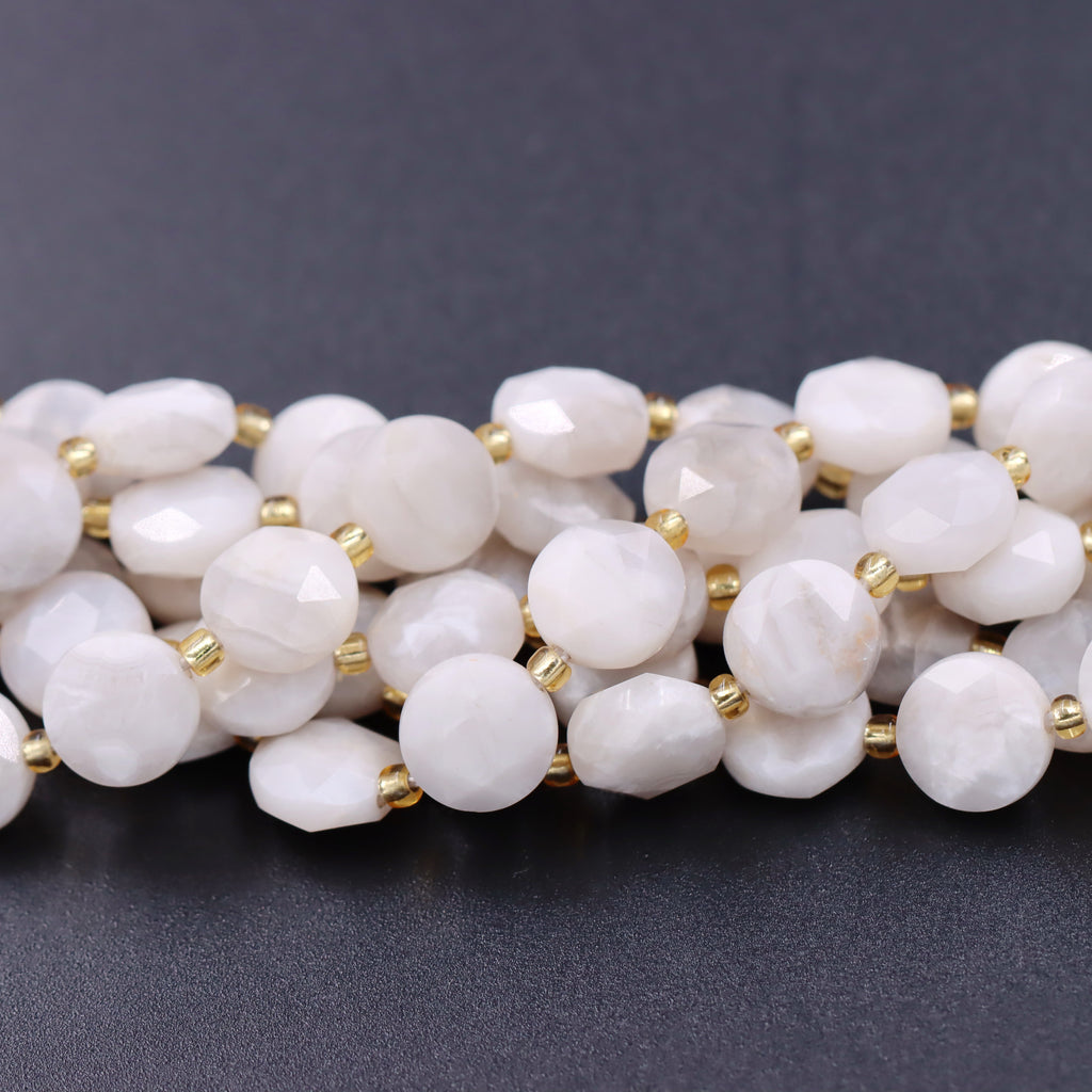 Malahill faceted flat round stone beads for jewelry making, sold per bag 5 strands inside, White Crazy Agate beads