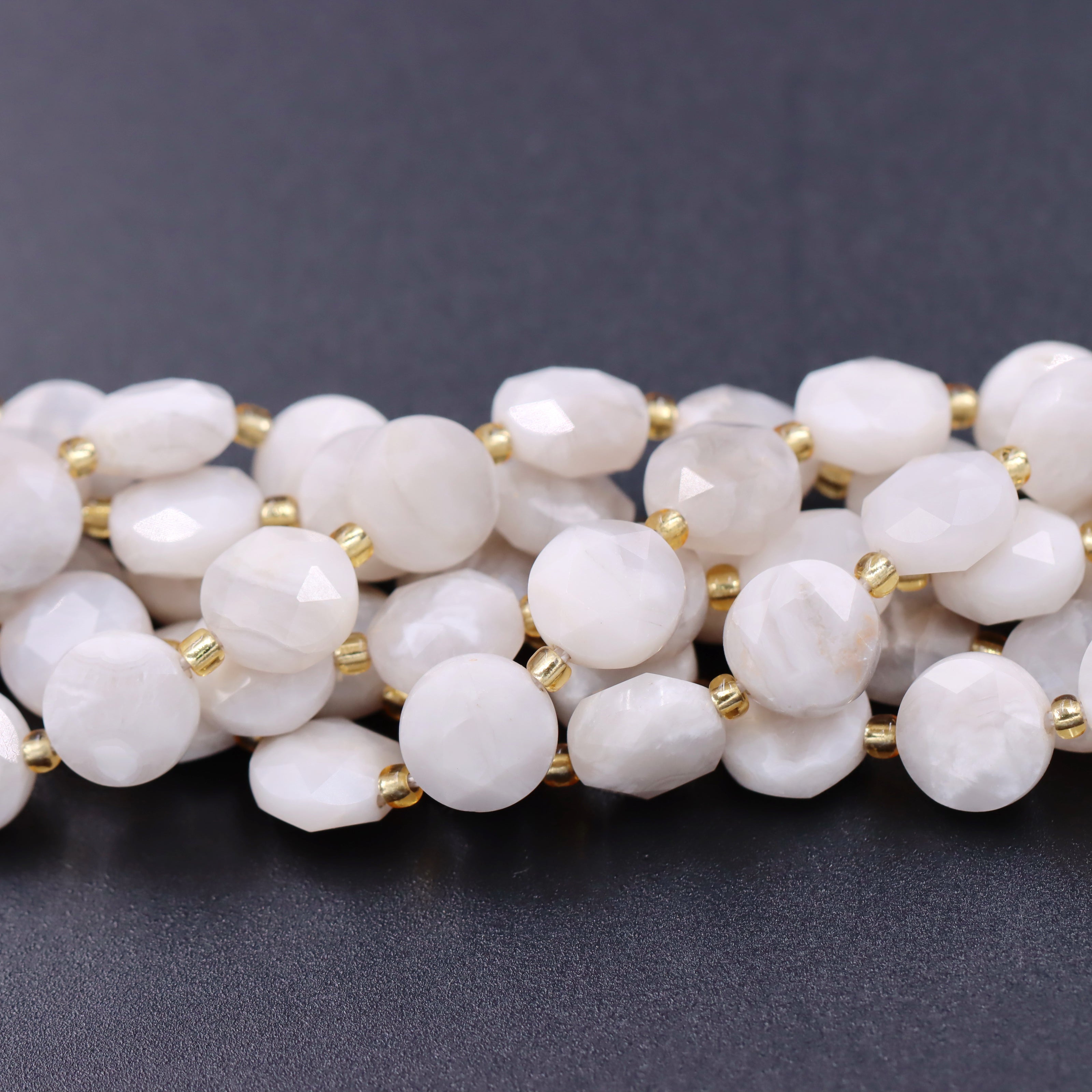 Malahill faceted flat round stone beads for jewelry making, sold per bag 5 strands inside, White Crazy Agate beads
