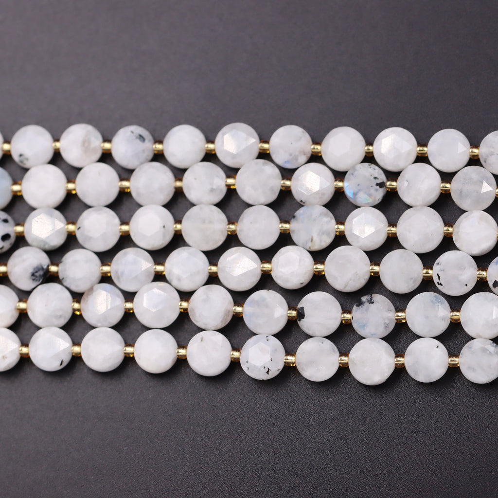Malahill faceted flat round stone beads for jewelry making, sold per bag 5 strands inside, Moonstone AB  beads