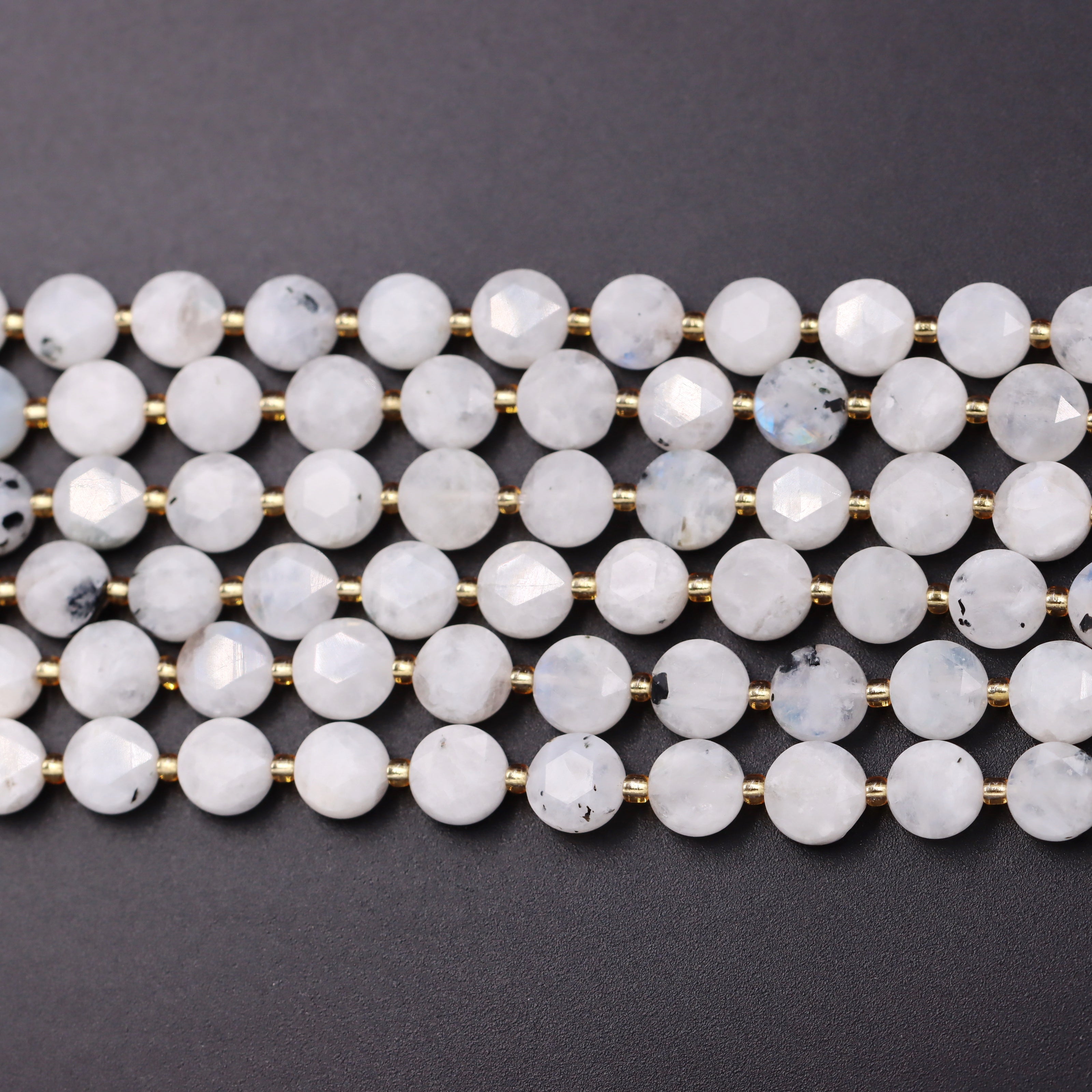 Malahill faceted flat round stone beads for jewelry making, sold per bag 5 strands inside, Moonstone AB  beads