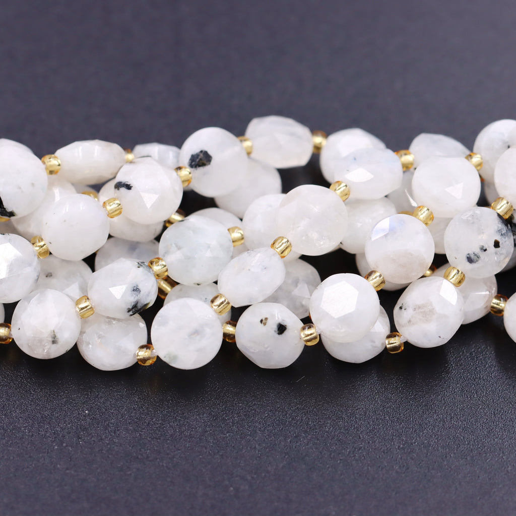Malahill faceted flat round stone beads for jewelry making, sold per bag 5 strands inside, Moonstone AB  beads