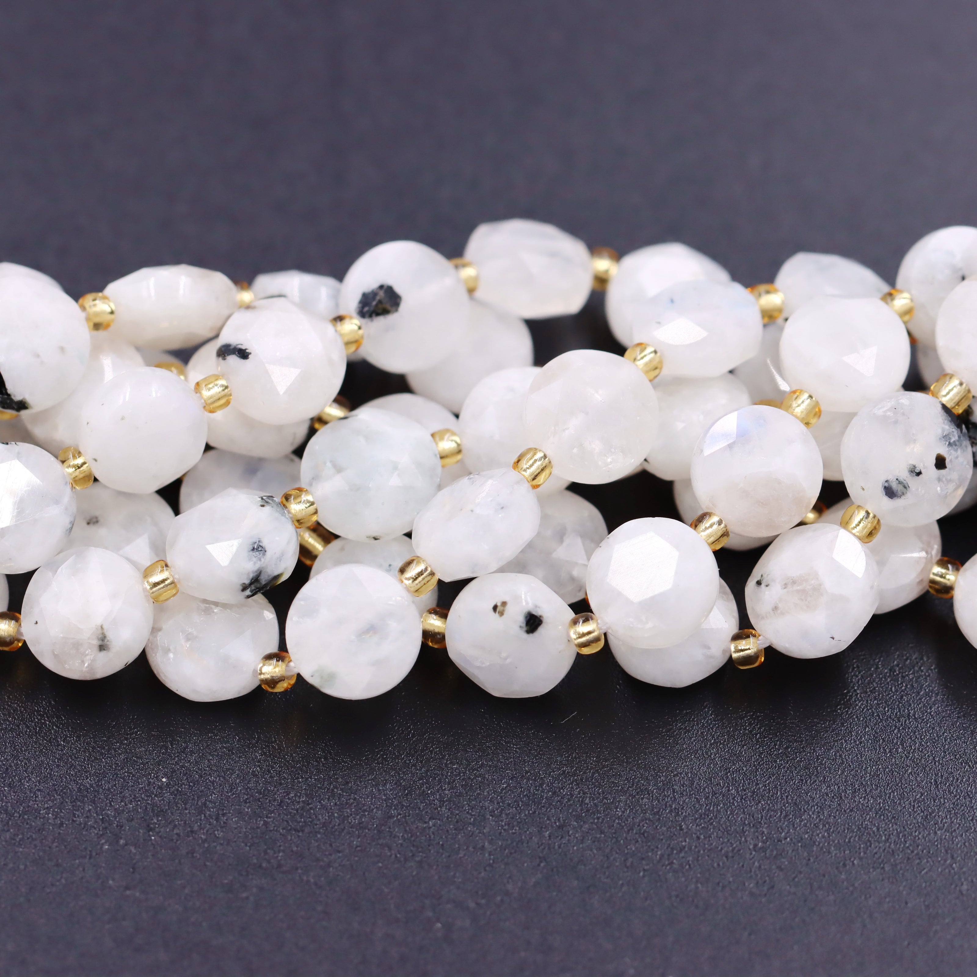 Malahill faceted flat round stone beads for jewelry making, sold per bag 5 strands inside, Moonstone AB  beads