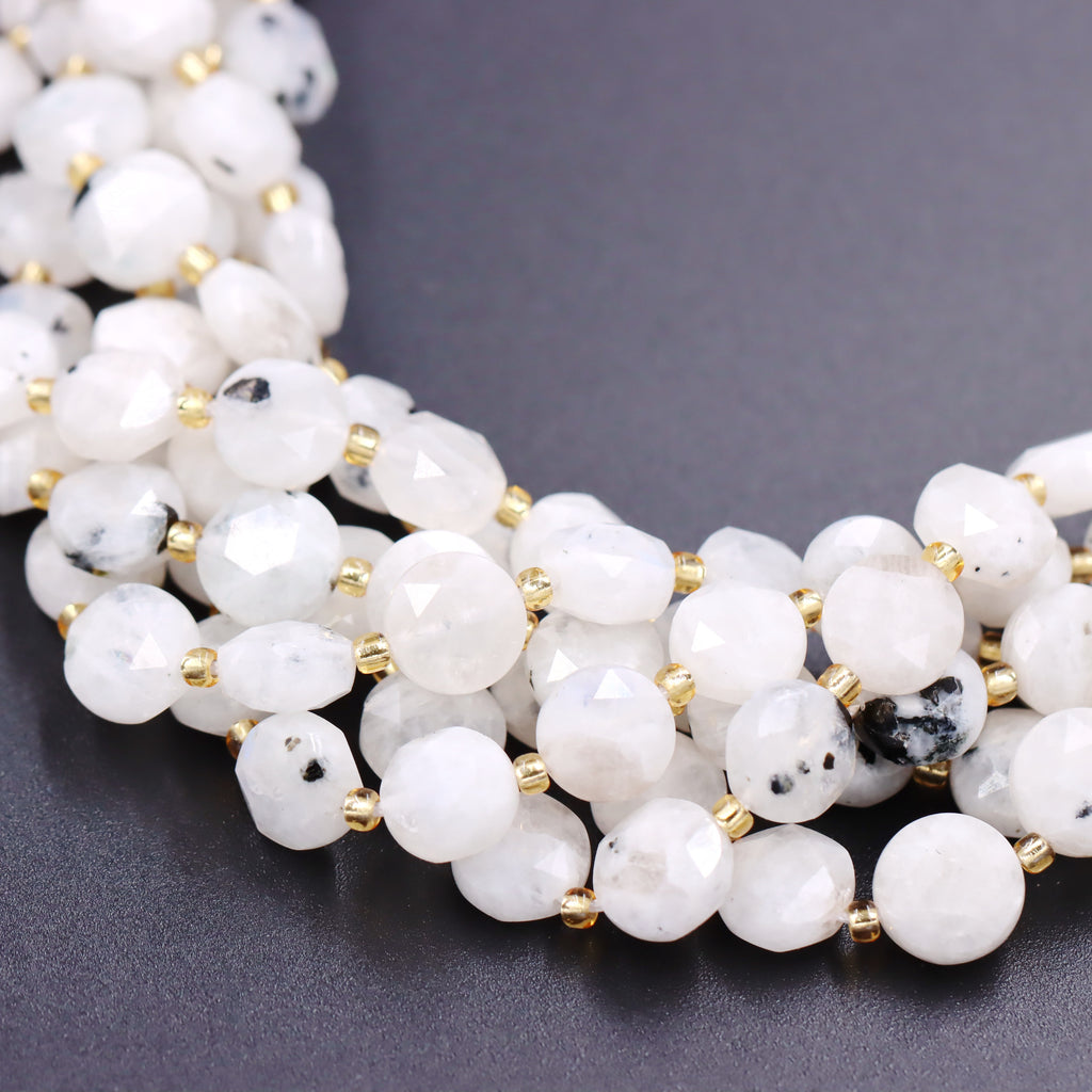 Malahill faceted flat round stone beads for jewelry making, sold per bag 5 strands inside, Moonstone AB  beads