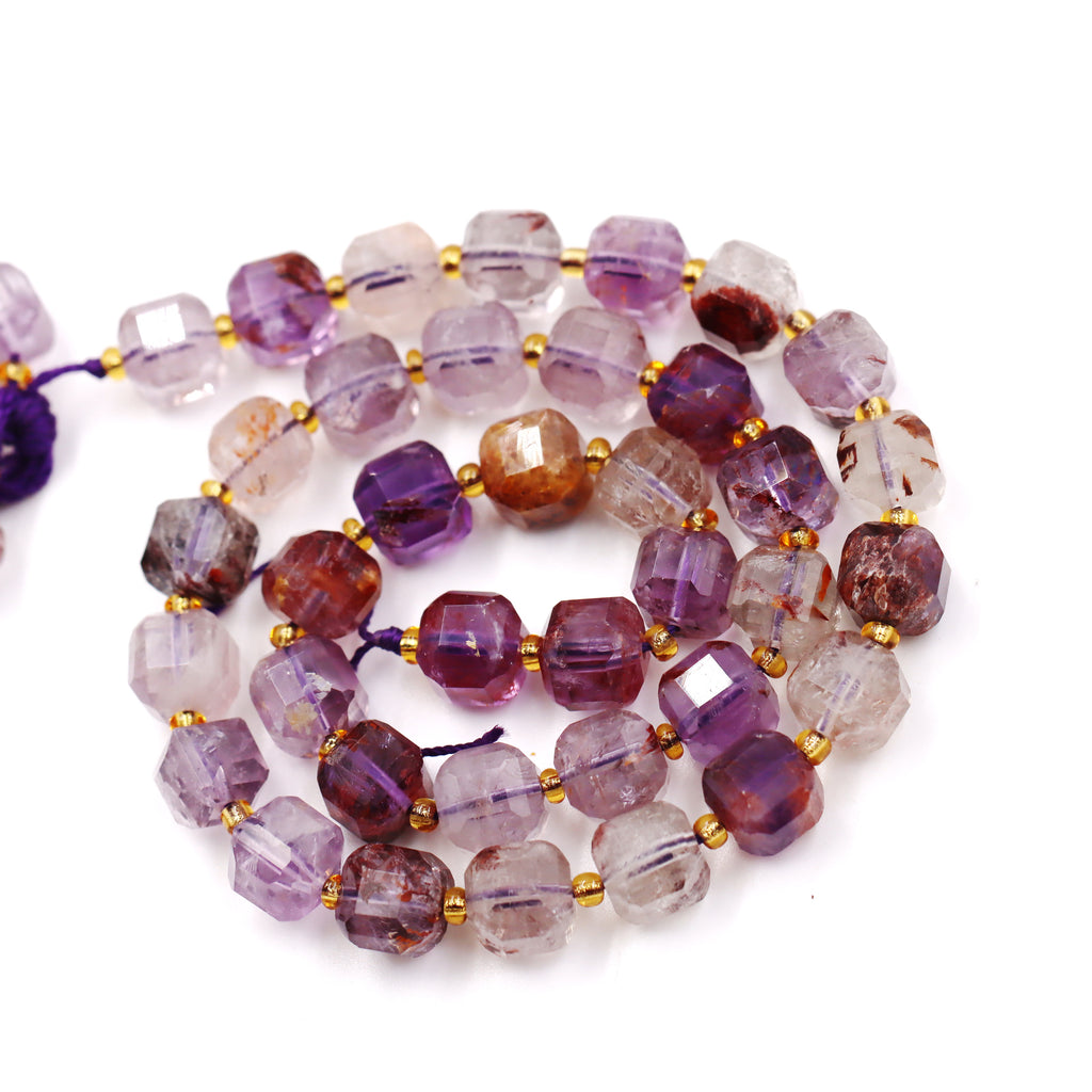 Malahill faceted cube stone beads for jewelry making, sold per bag 5 strands inside, Amethyst Phantom beads