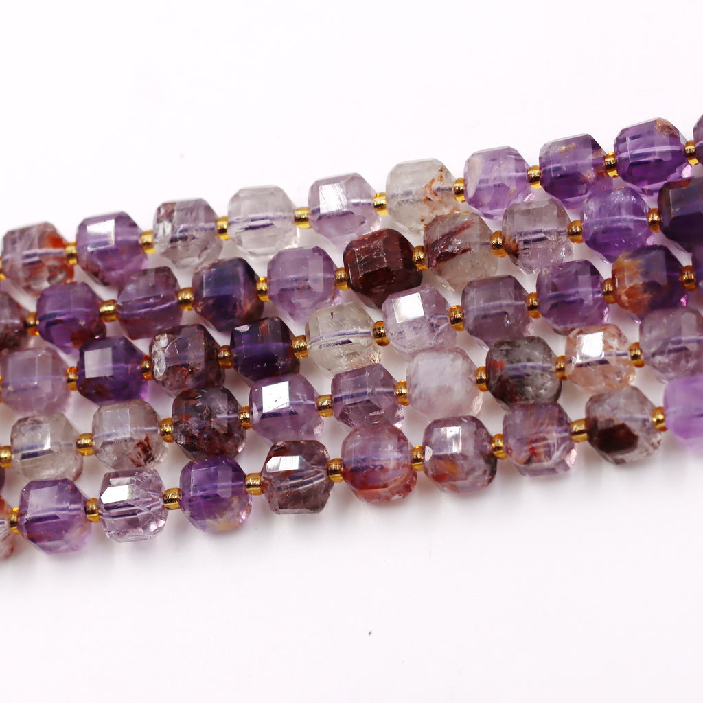 Malahill faceted cube stone beads for jewelry making, sold per bag 5 strands inside, Amethyst Phantom beads
