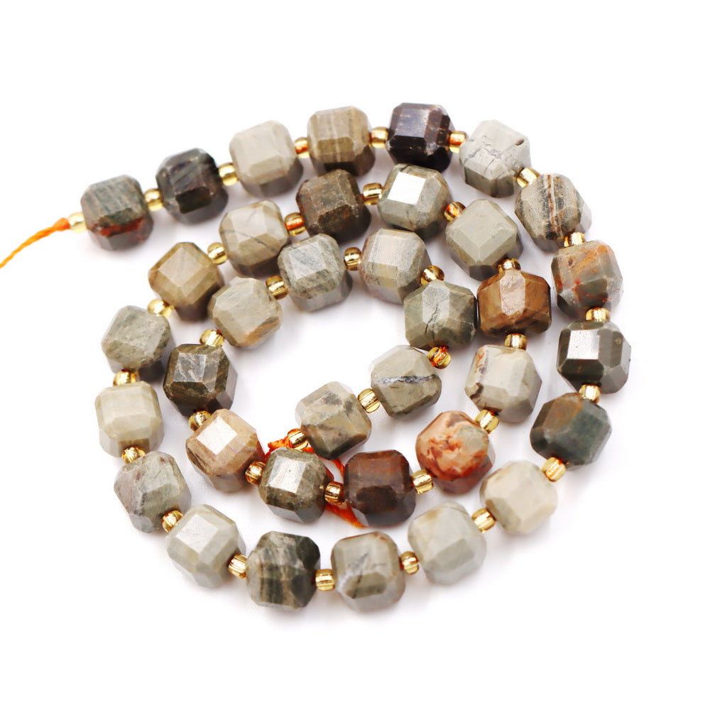 Malahill faceted cube stone beads for jewelry making, sold per bag 5 strands inside, Grey Stripe Jasper beads