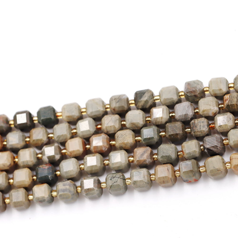 Malahill faceted cube stone beads for jewelry making, sold per bag 5 strands inside, Grey Stripe Jasper beads