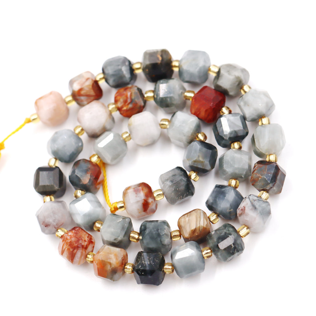 Malahill faceted cube stone beads for jewelry making, sold per bag 5 strands inside, Fire Eagle Eye Jasper beads