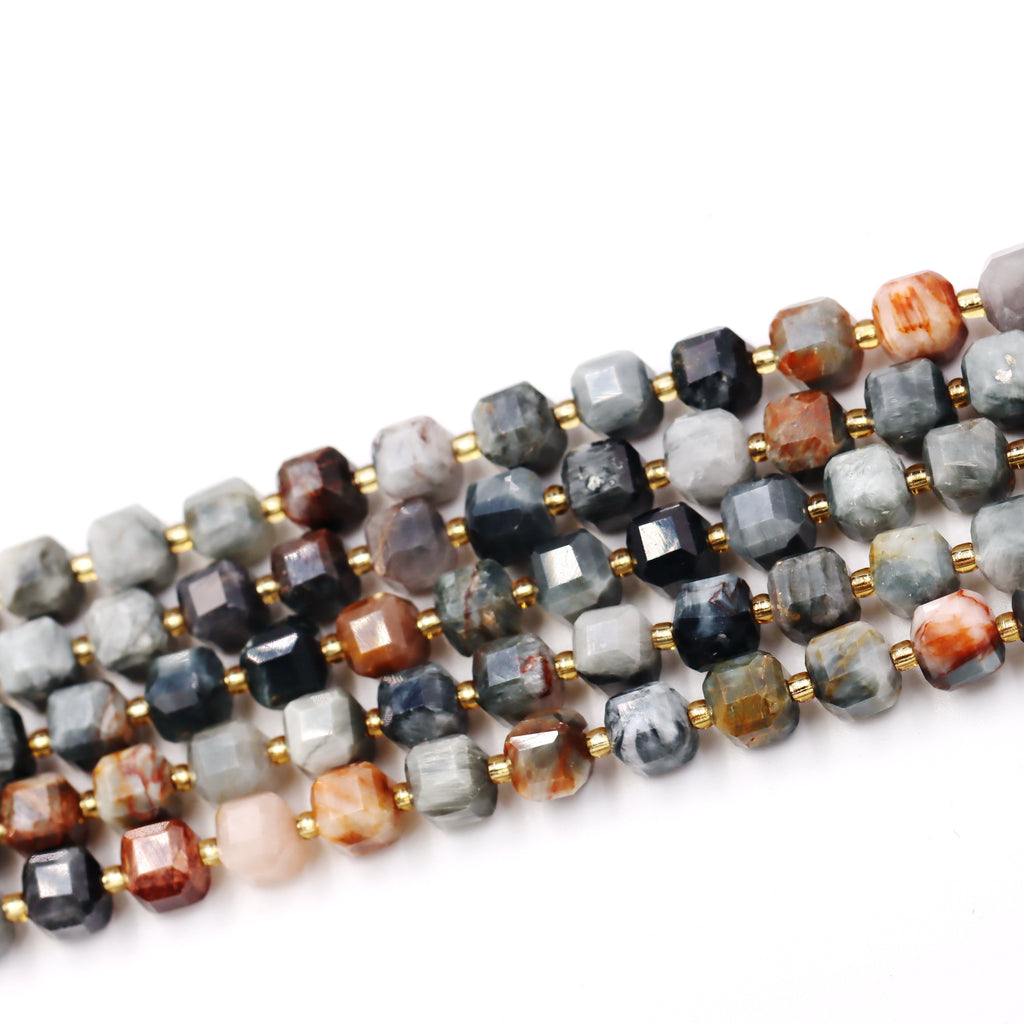 Malahill faceted cube stone beads for jewelry making, sold per bag 5 strands inside, Fire Eagle Eye Jasper beads
