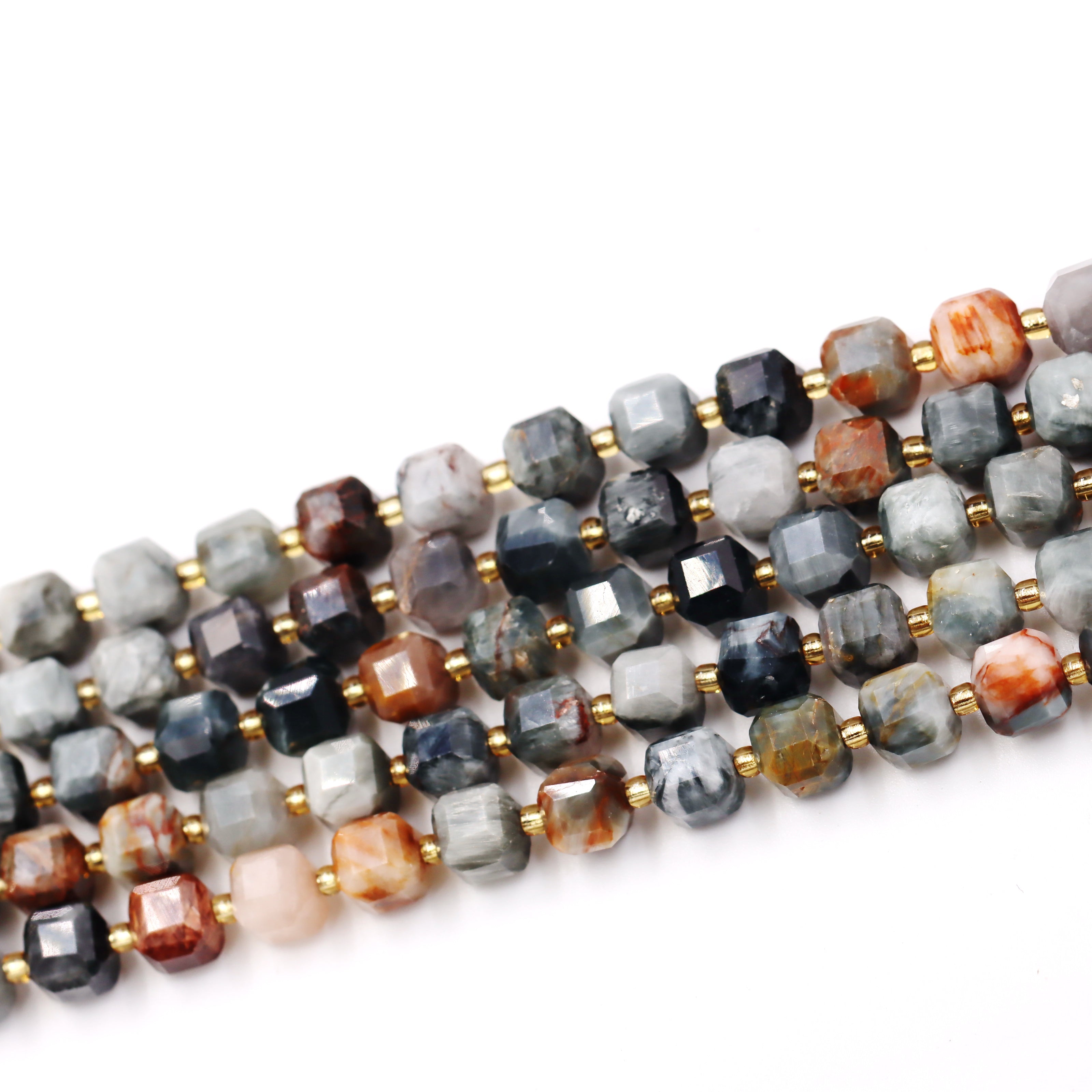 Malahill faceted cube stone beads for jewelry making, sold per bag 5 strands inside, Fire Eagle Eye Jasper beads