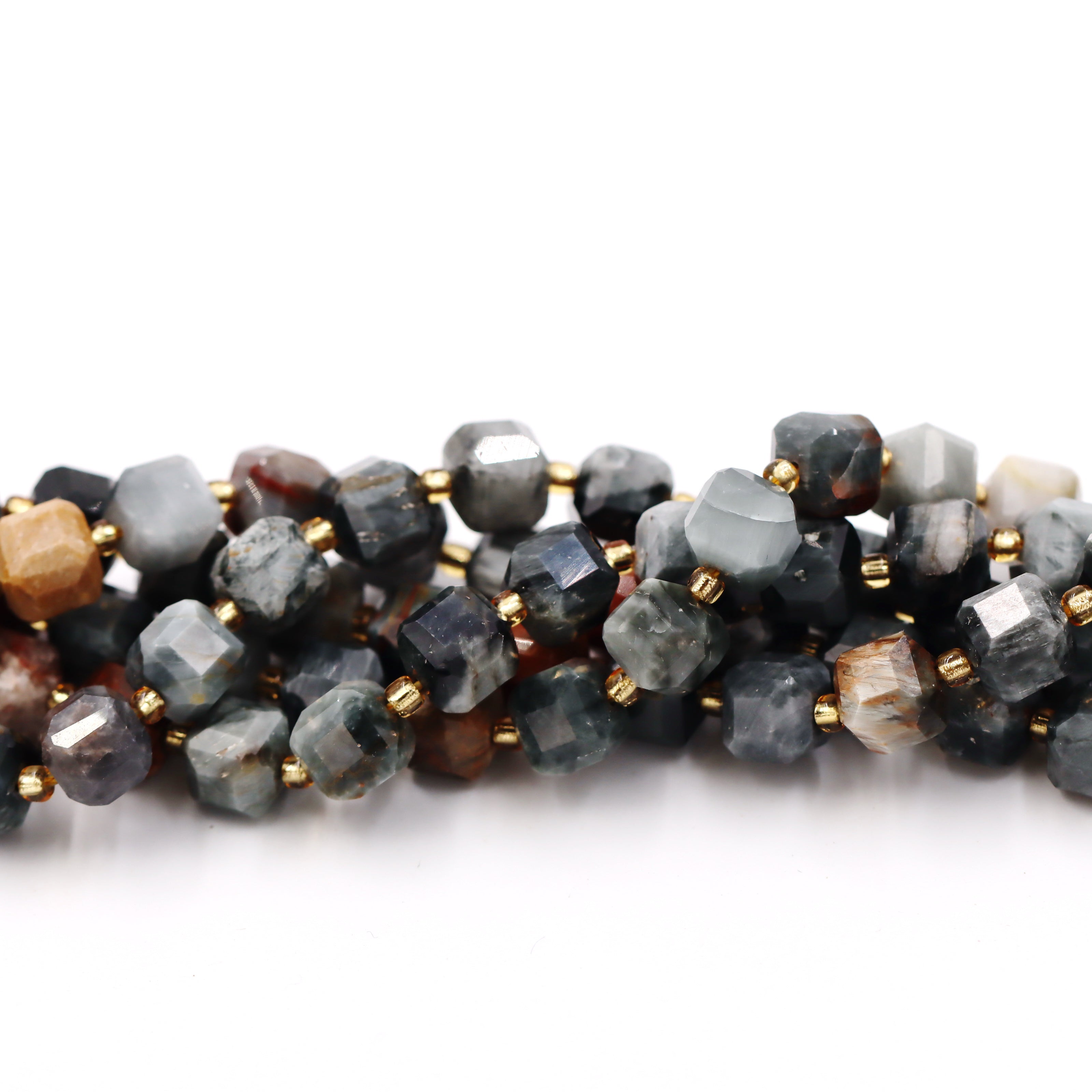 Malahill faceted cube stone beads for jewelry making, sold per bag 5 strands inside, Fire Eagle Eye Jasper beads