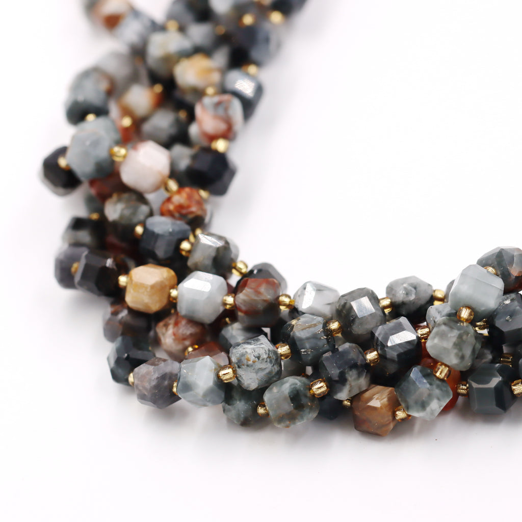 Malahill faceted cube stone beads for jewelry making, sold per bag 5 strands inside, Fire Eagle Eye Jasper beads